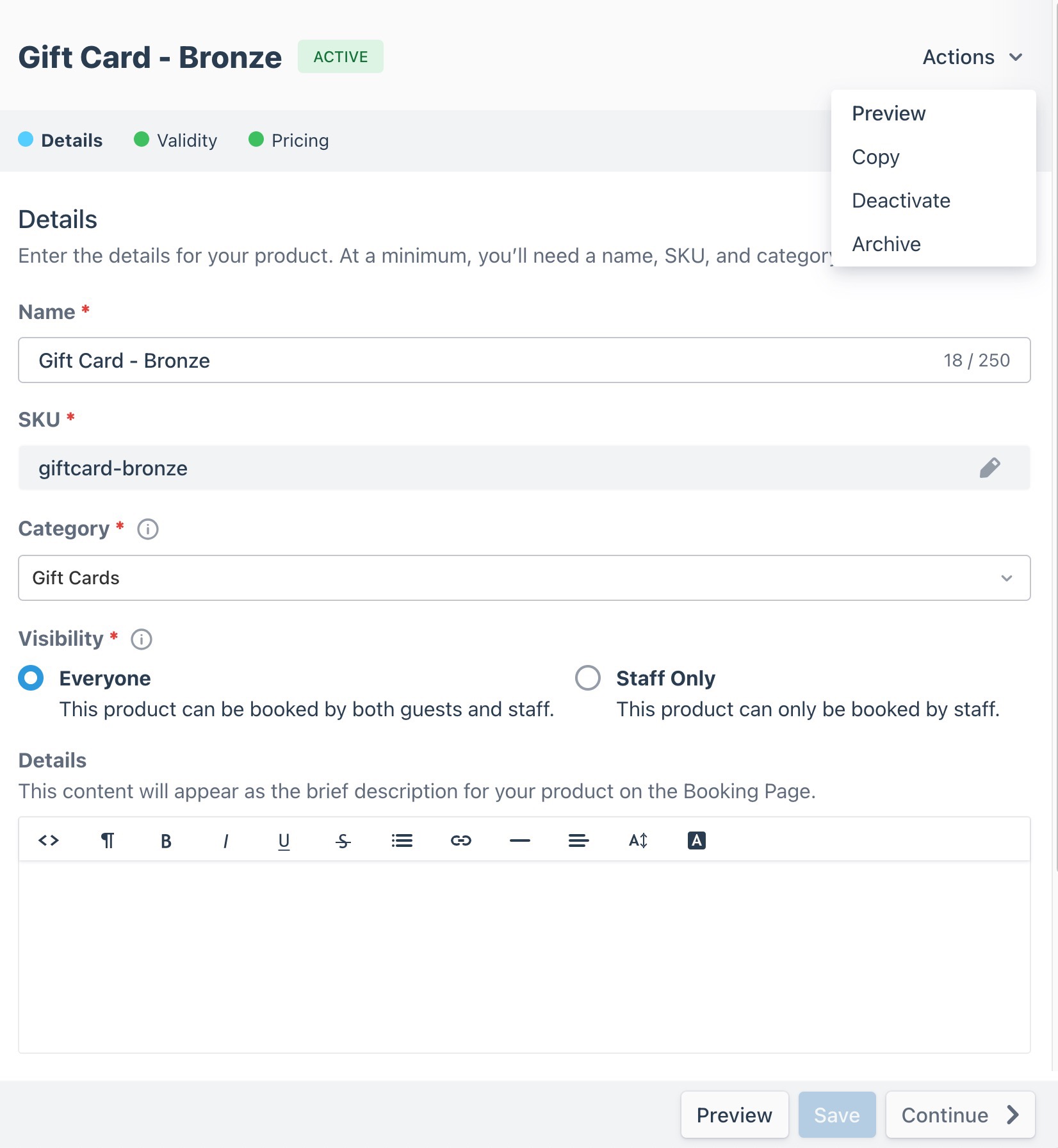 Gift card builder view displaying the top navigation, footer menu, and actions menu, providing a full overview of available controls.