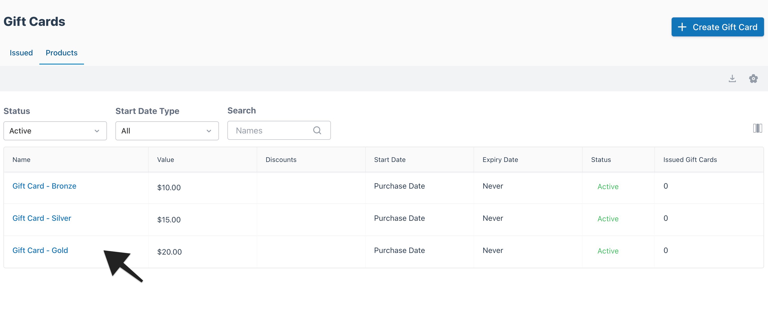 Gift cards page with annotation highlighting the list of gift card products, helping users identify where existing products are displayed.