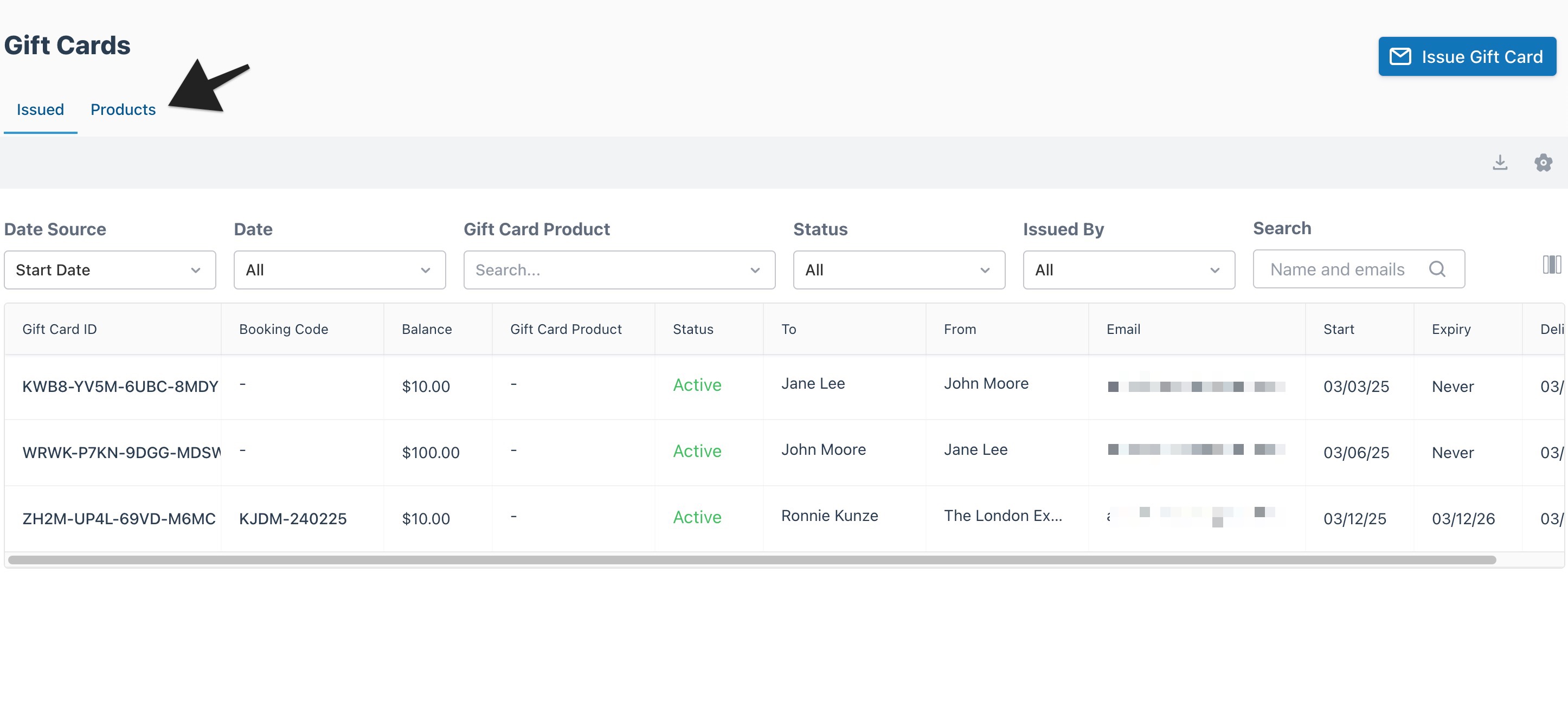 Gift cards page with annotation directing users to the “Product” tab, indicating where to manage individual gift card products.
