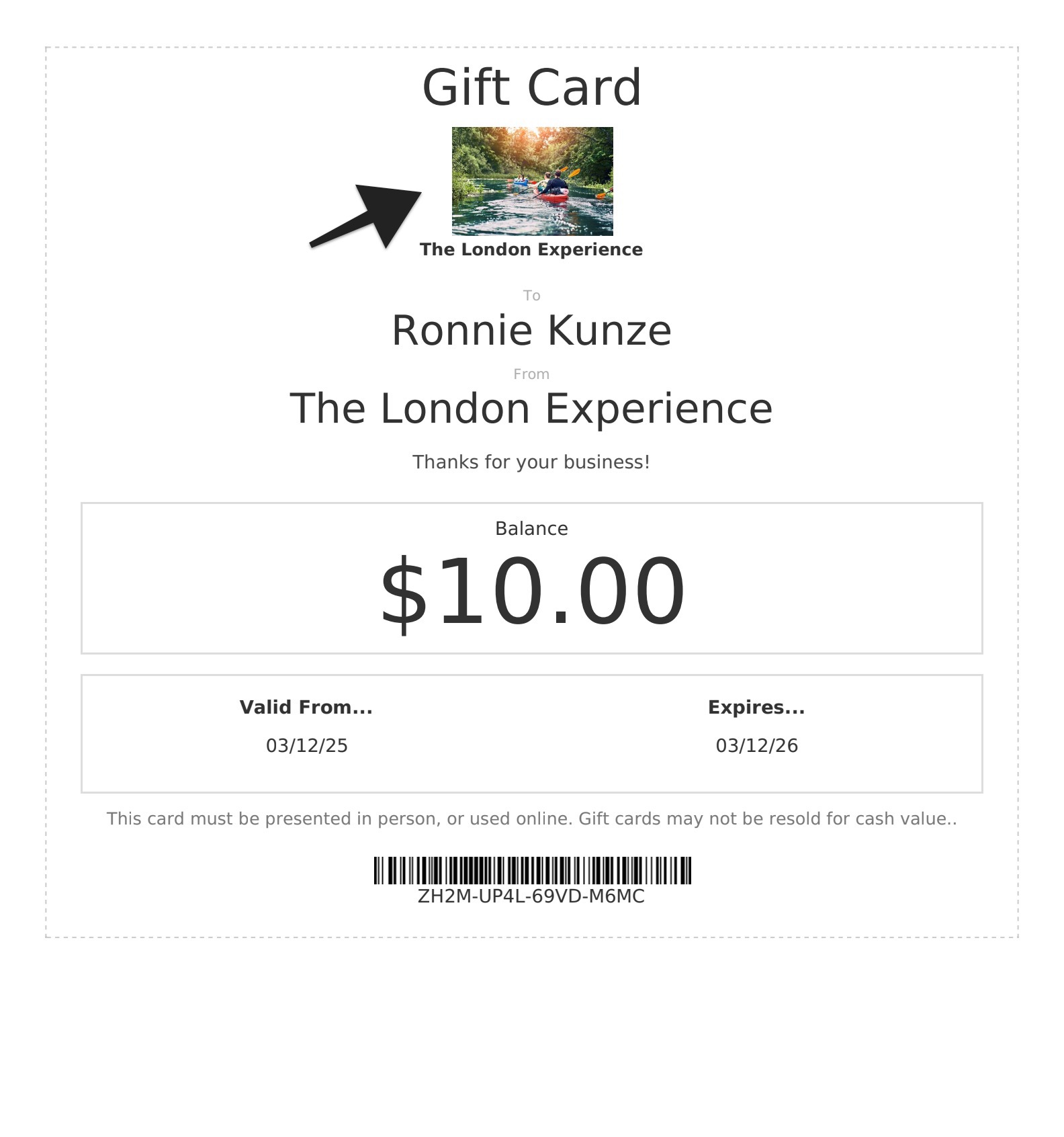 Gift card email with uploaded company logo image highlighted at the top of the card