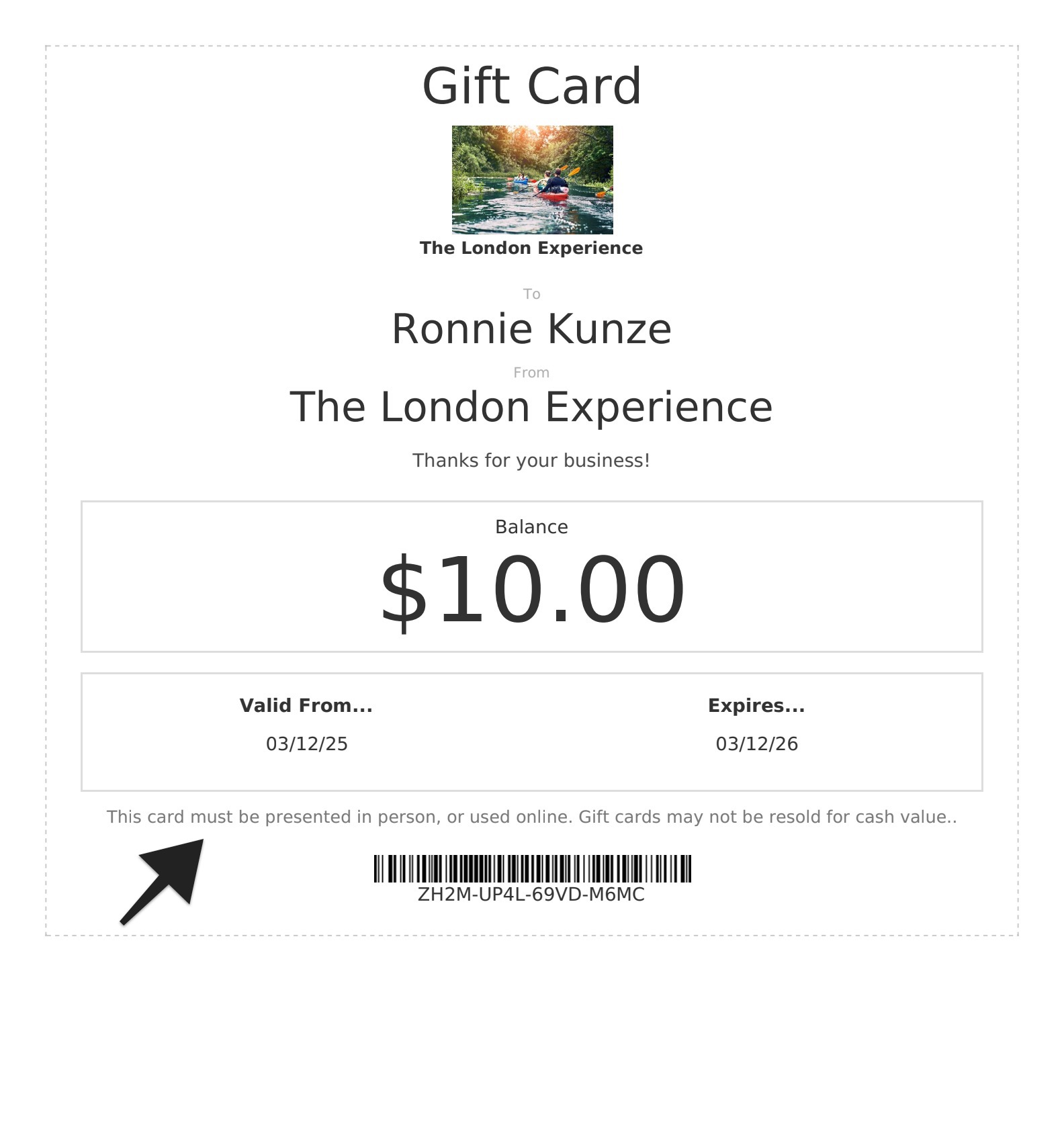 Gift card email with Terms and Conditions field highlighted at the bottom of the card