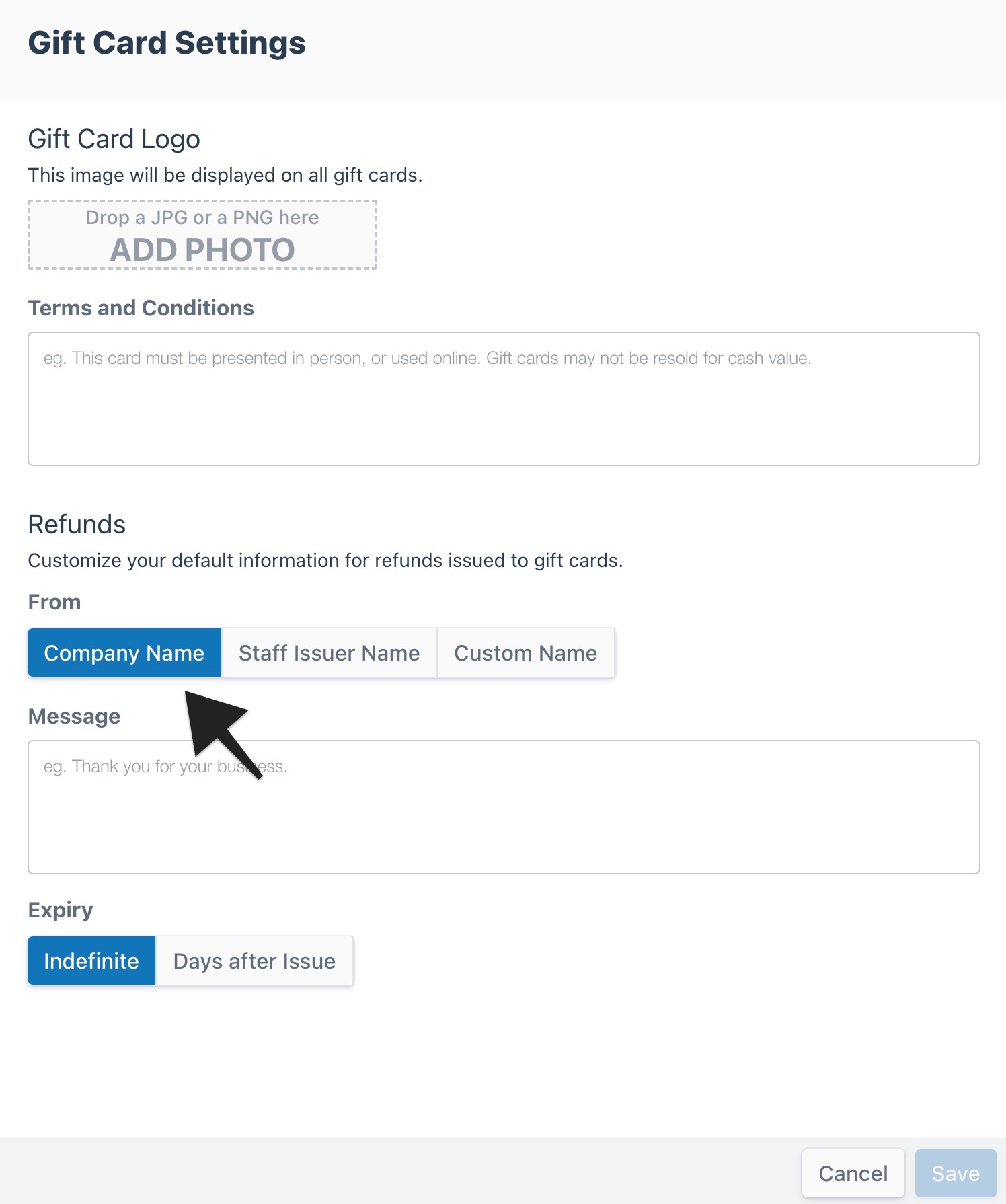 Gift card settings with refund information set to from company name highlighted.