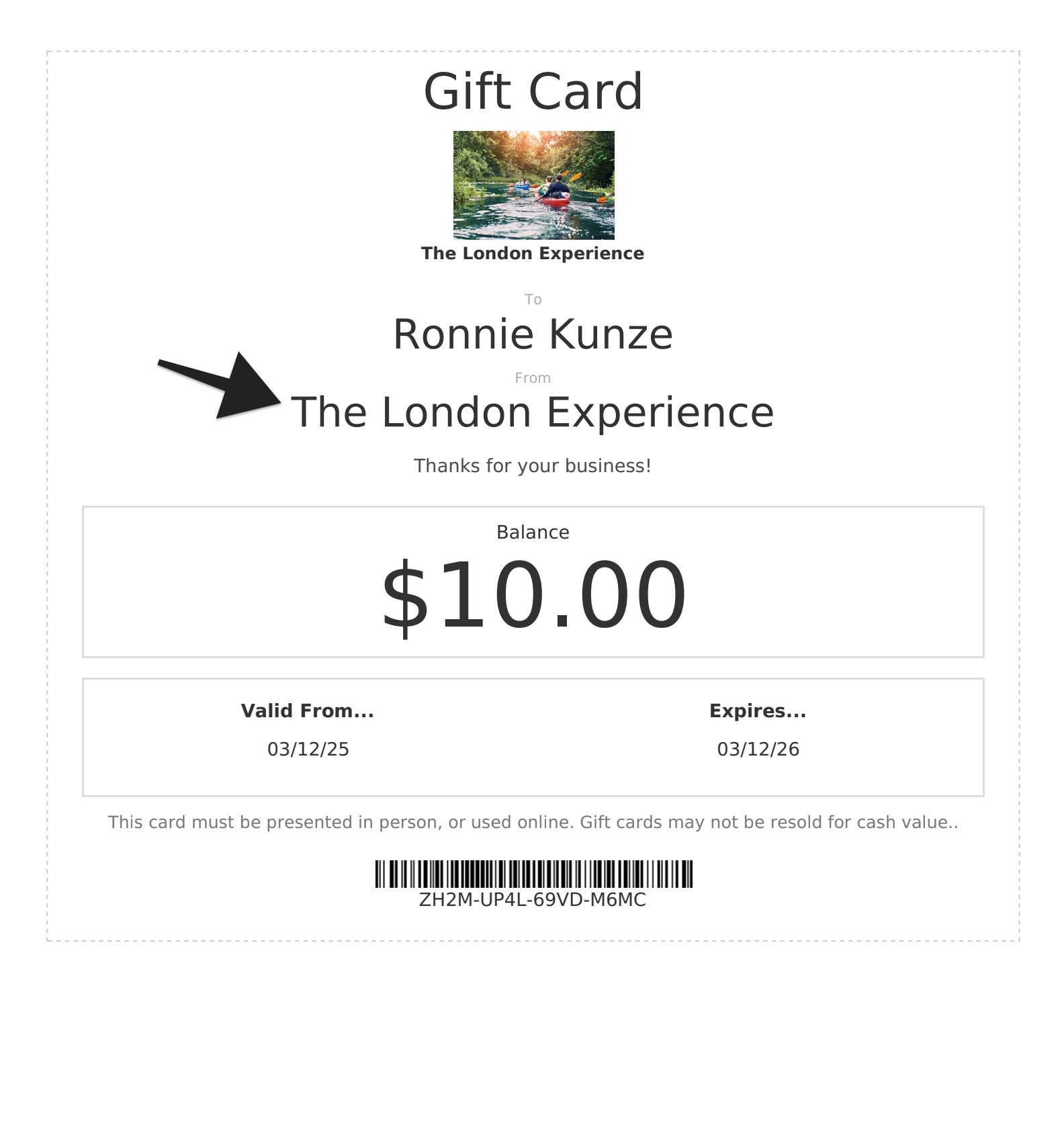 Gift card email with sender set to company name, highlighted in the From field