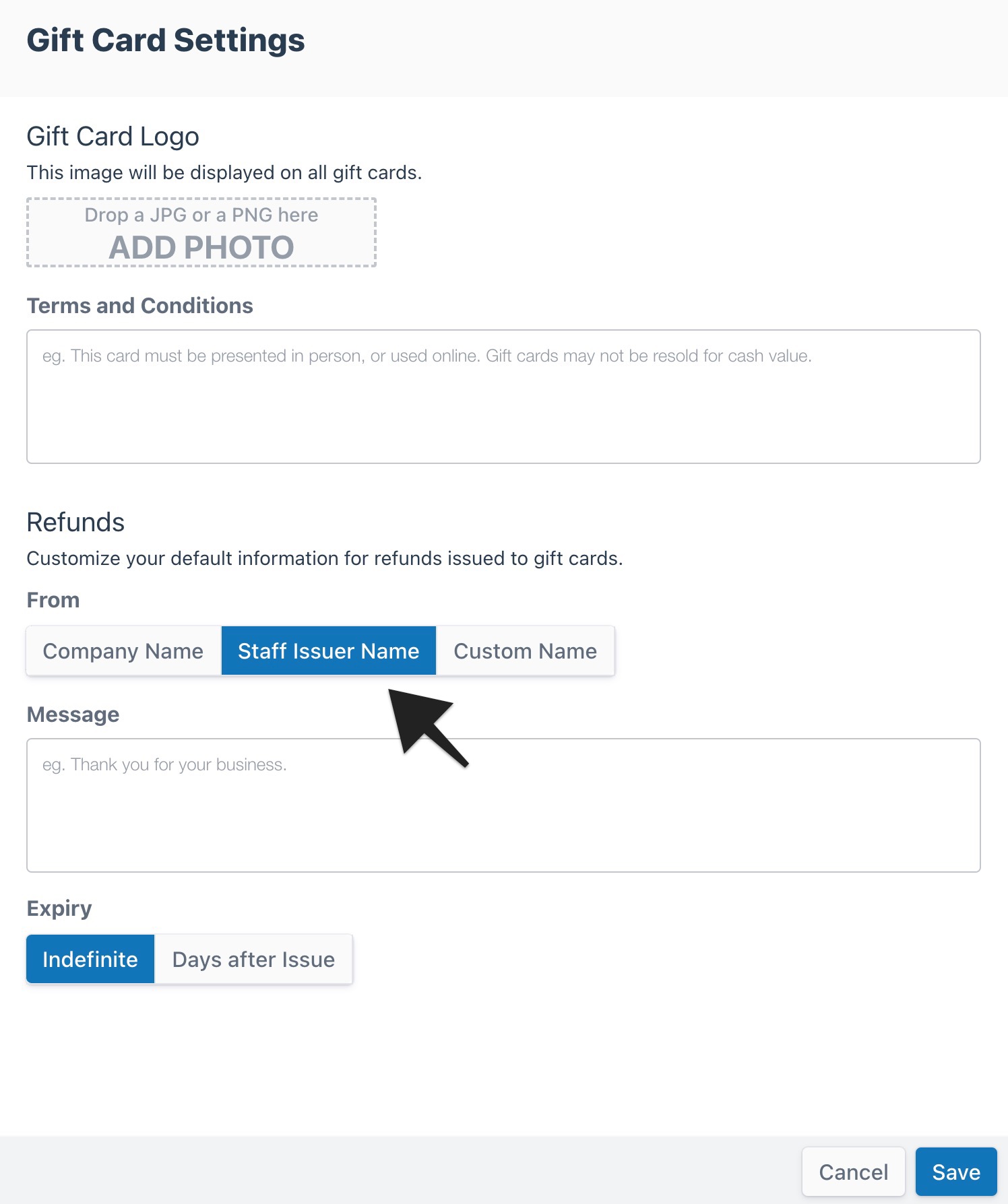 Gift card settings with refund information set to from staff issuer name highlighted.