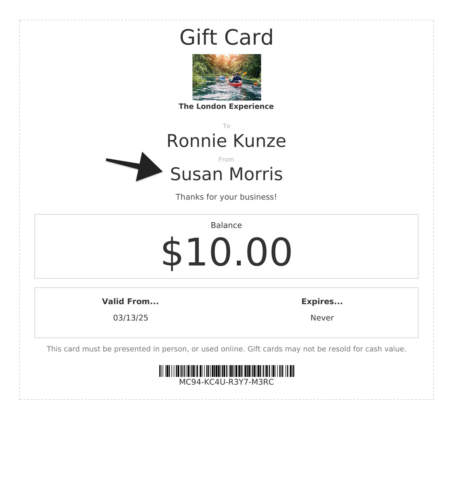 Gift card email with sender set to staff name Susan Morris highlighted in the From field