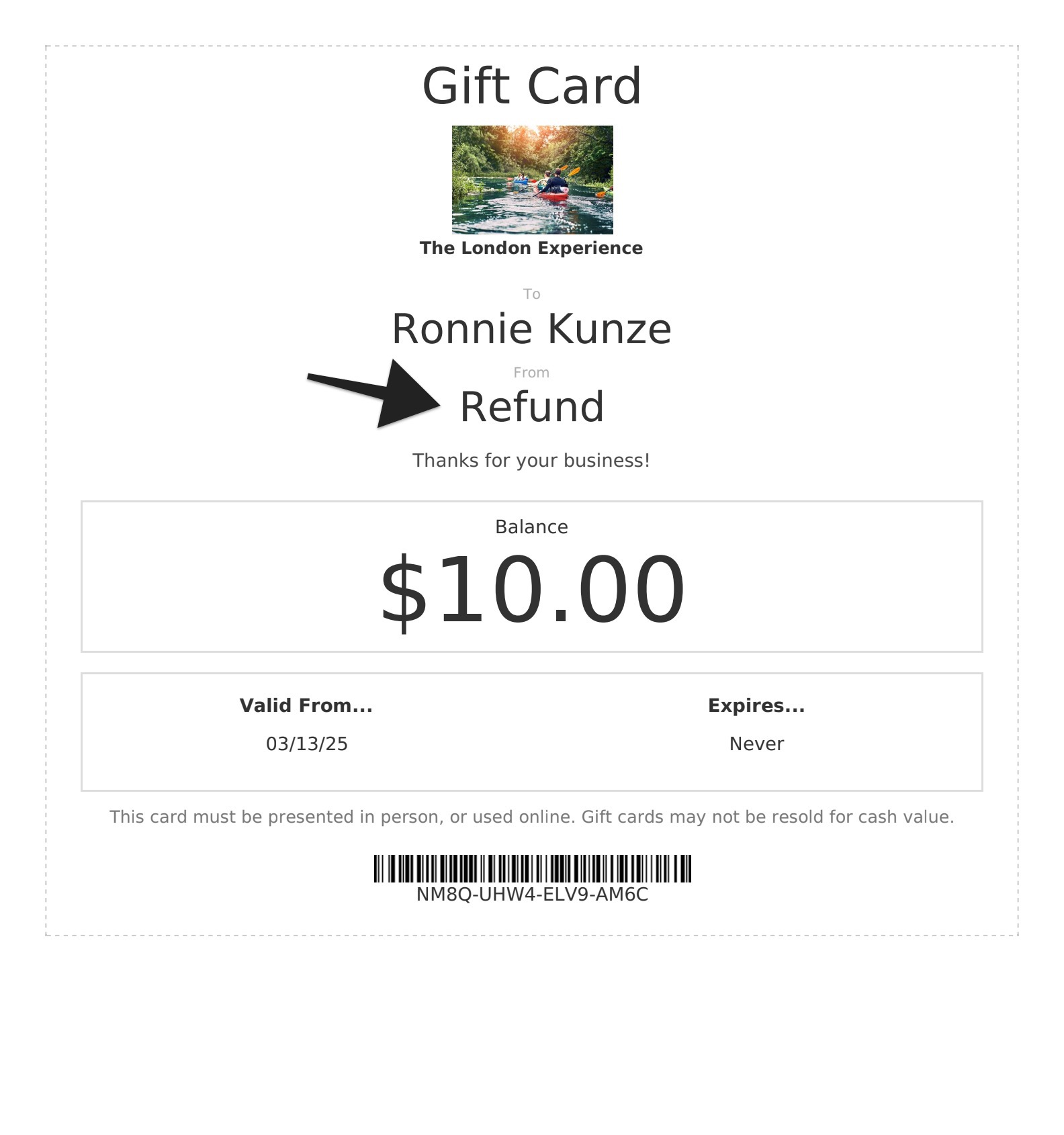 Gift card email with sender set to custom name Refund highlighted in the From field