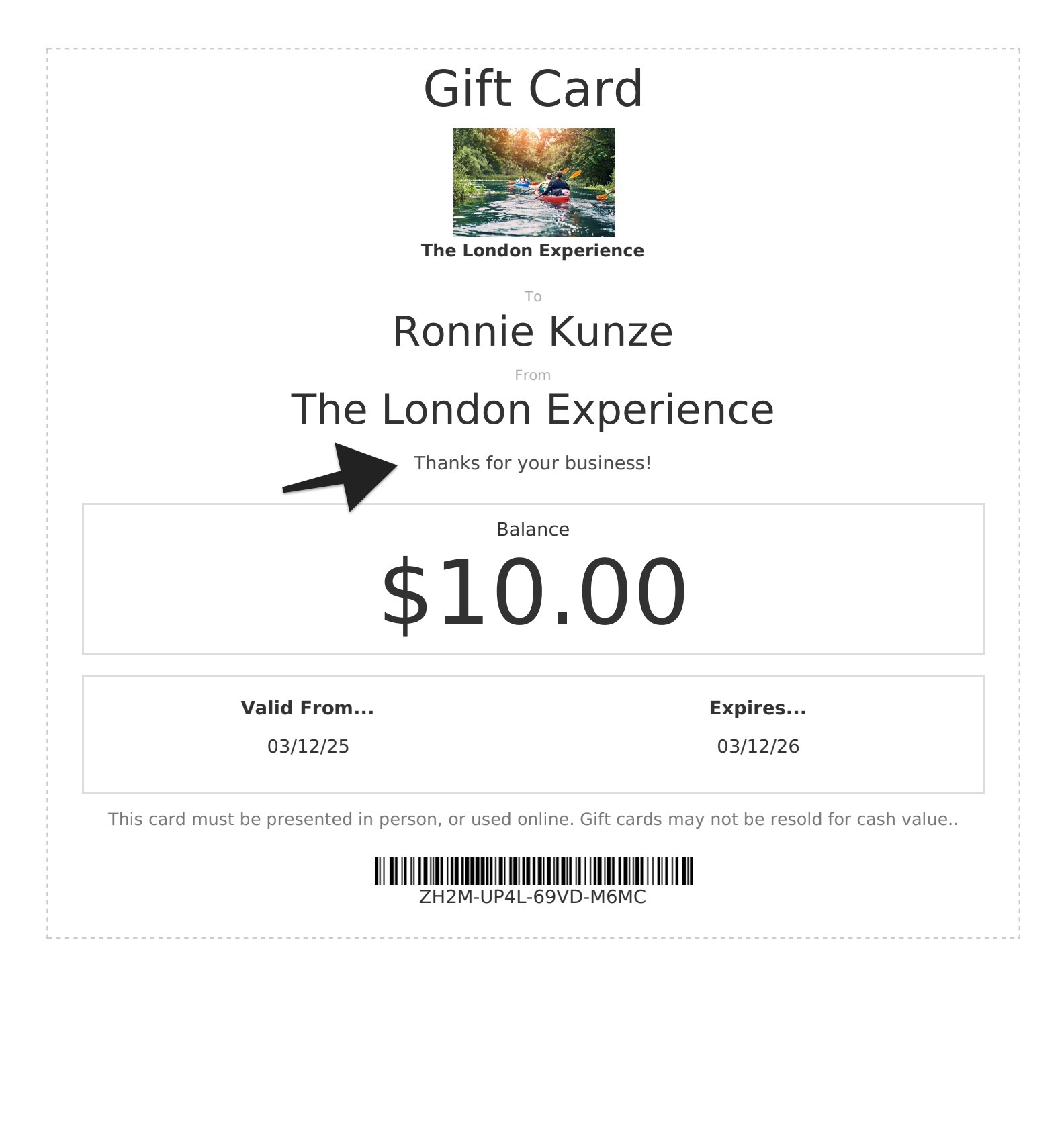 Gift card email showing custom message field with text Thanks for your business highlighted