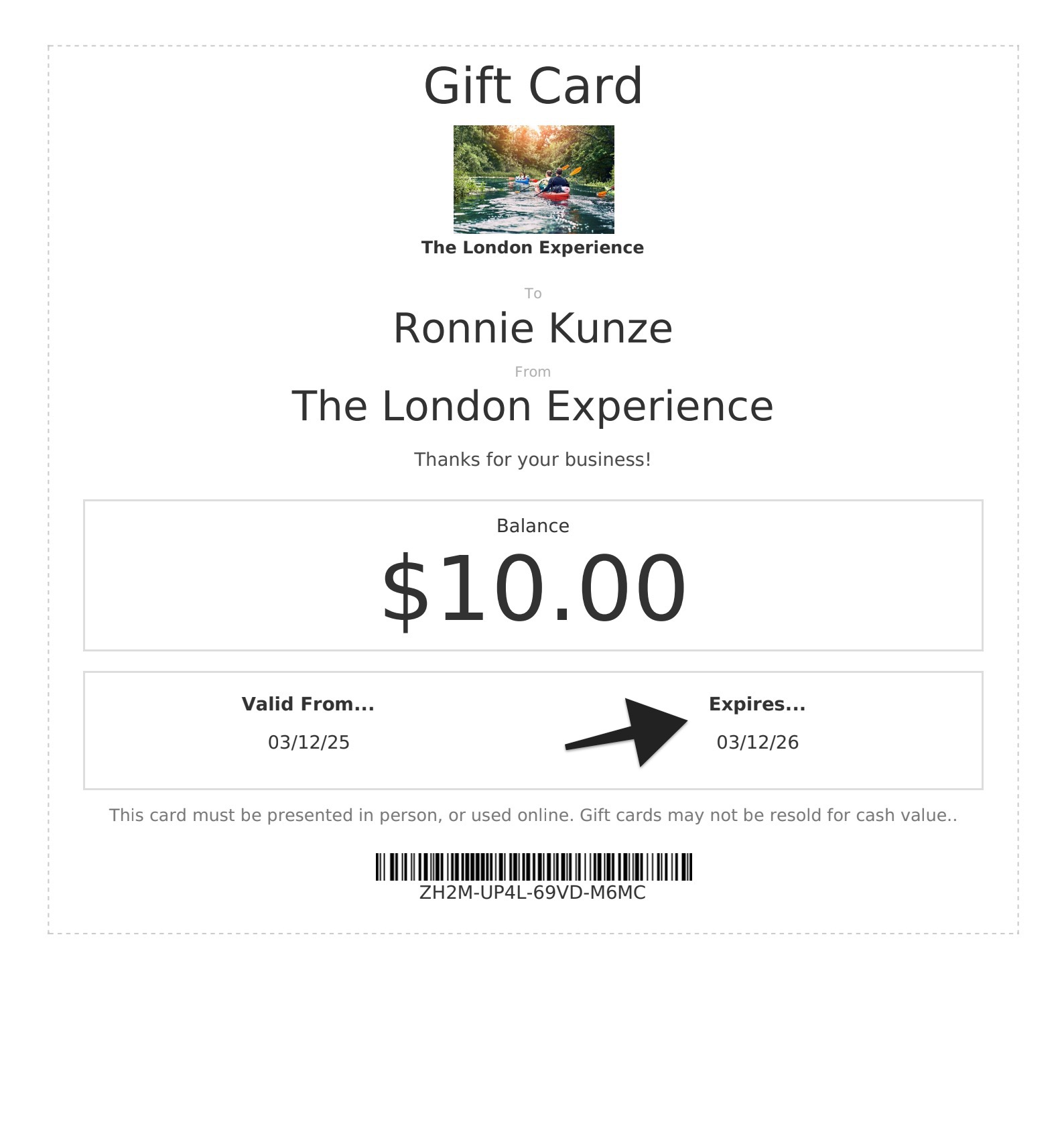 Gift card email showing expiry date set to March 12, 2026 highlighted
