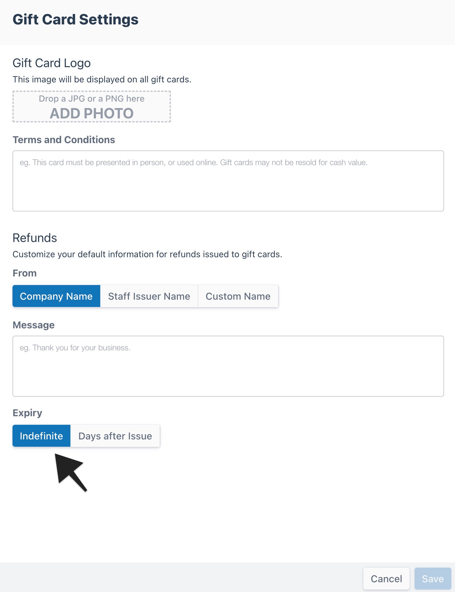 Gift card settings with expiry option set to indefinite highlighted.