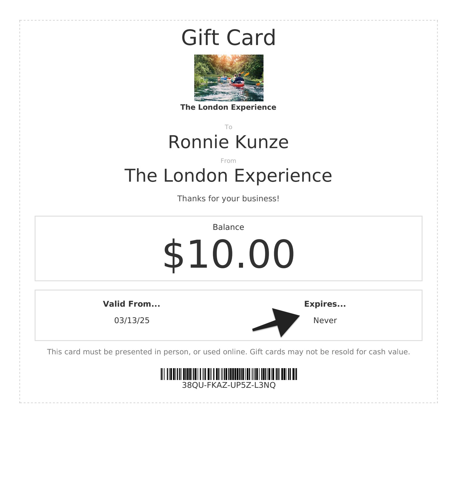 Gift card email showing expiry date set to Never highlighted