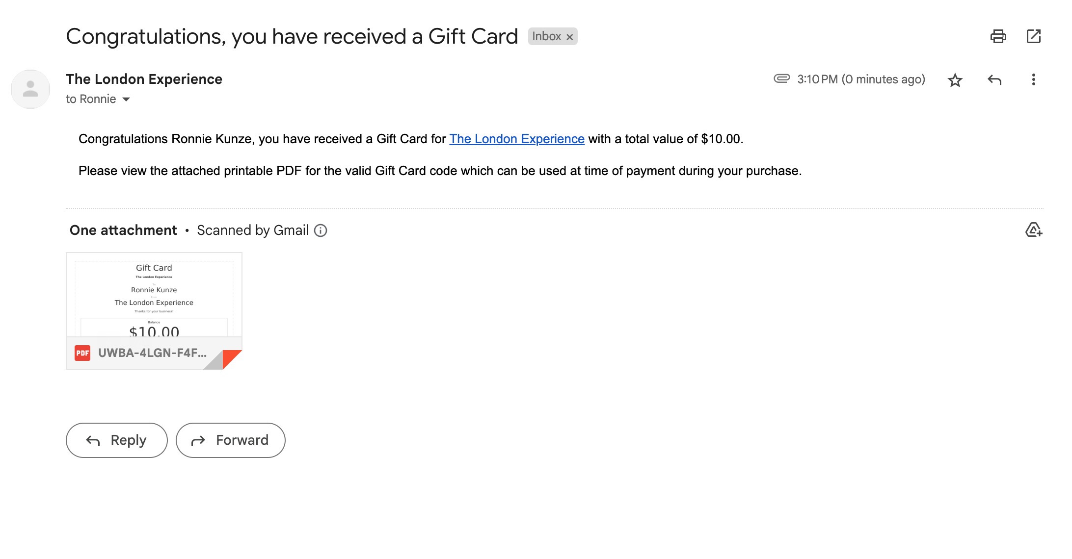 Gift card notification email in Gmail inbox showing recipient Ronnie Kunze, $10 value, and attached PDF gift card.