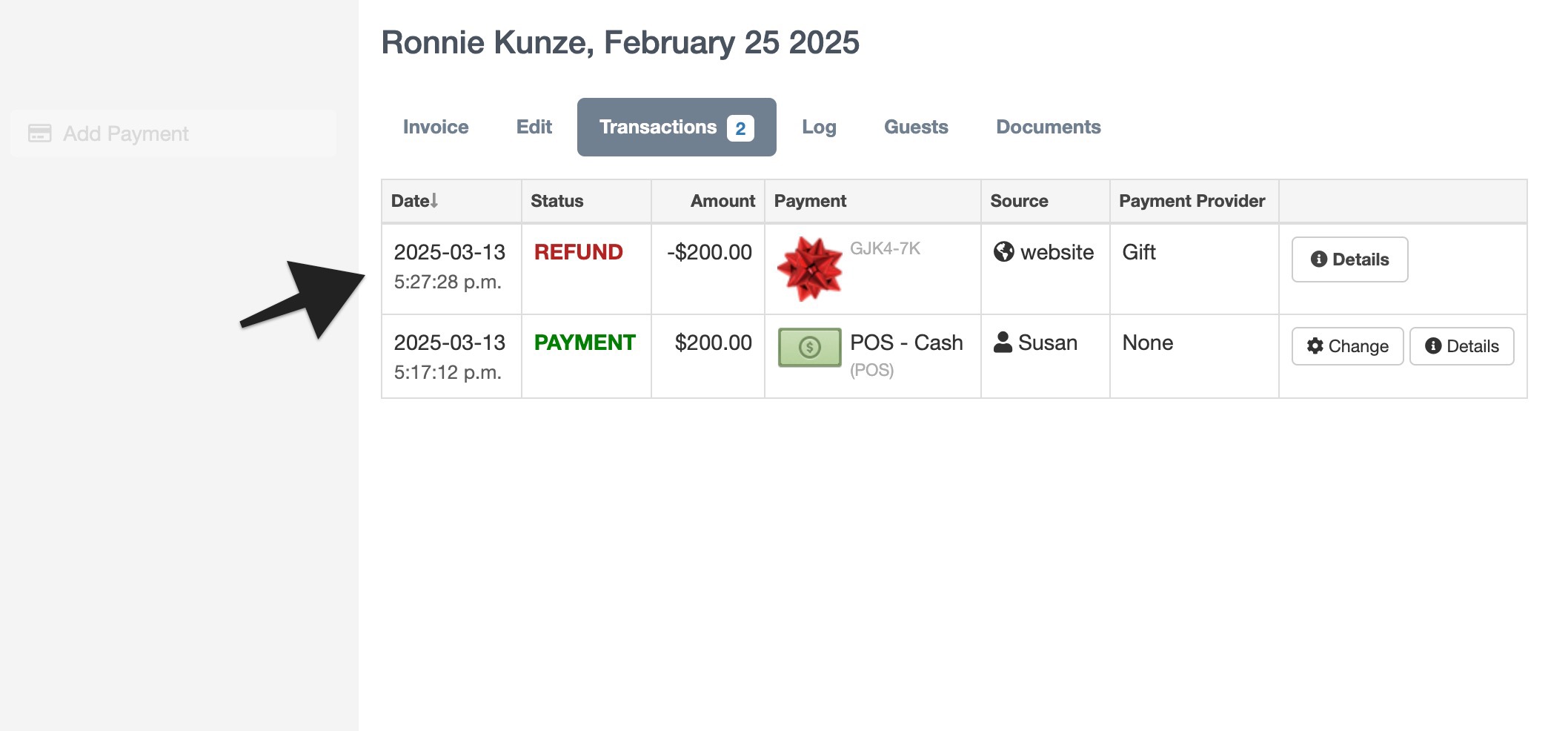 Gift cards invoice screen showing transactions log tab with refund and payment details highlighted for February 25, 2025.