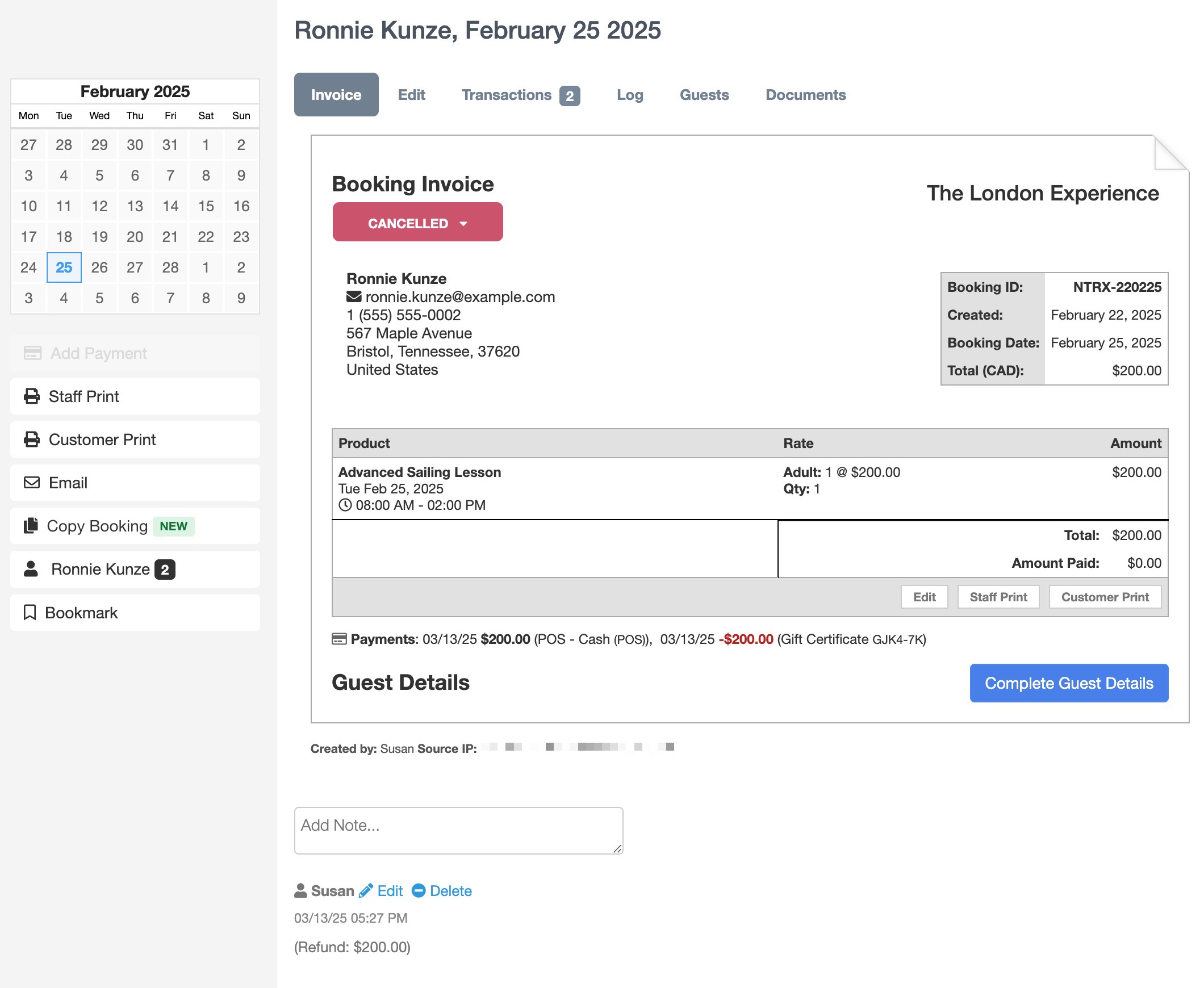 Gift cards invoice for February 25, 2025 showing cancelled booking and $200 refund issued to gift certificate.