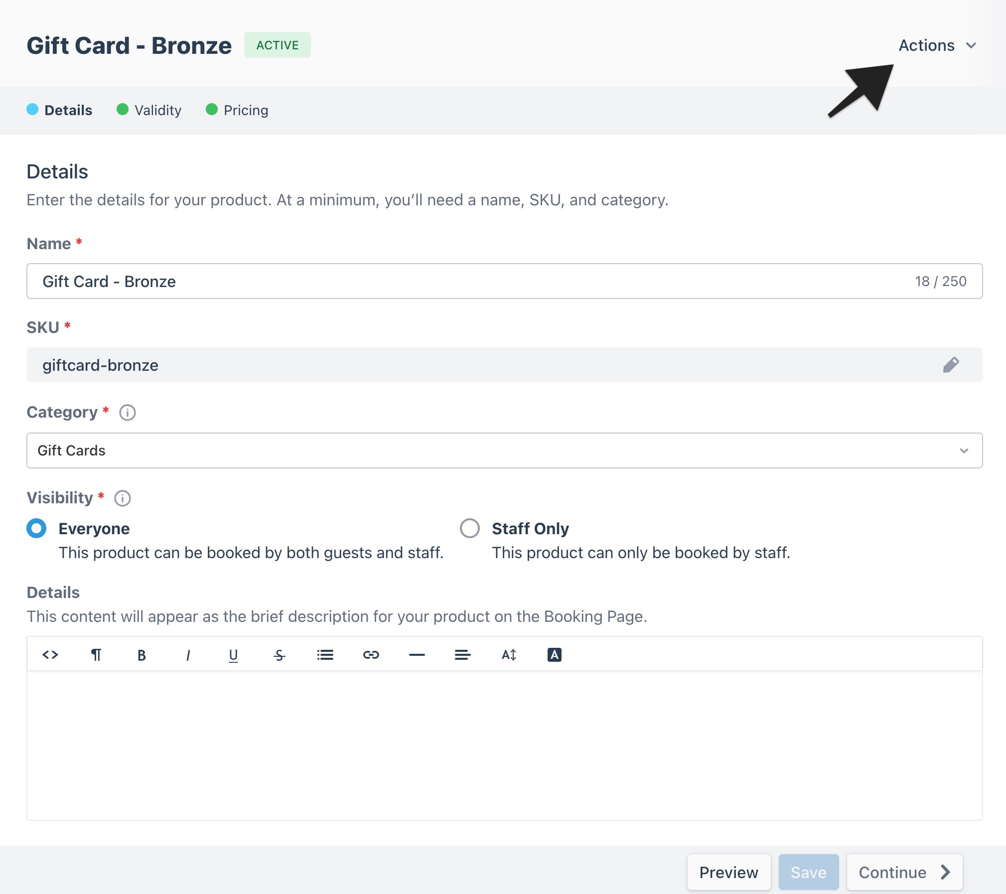 Gift card builder interface with annotation pointing to the actions menu, guiding users to options like Preview, Copy, Deactivate, and Archive.