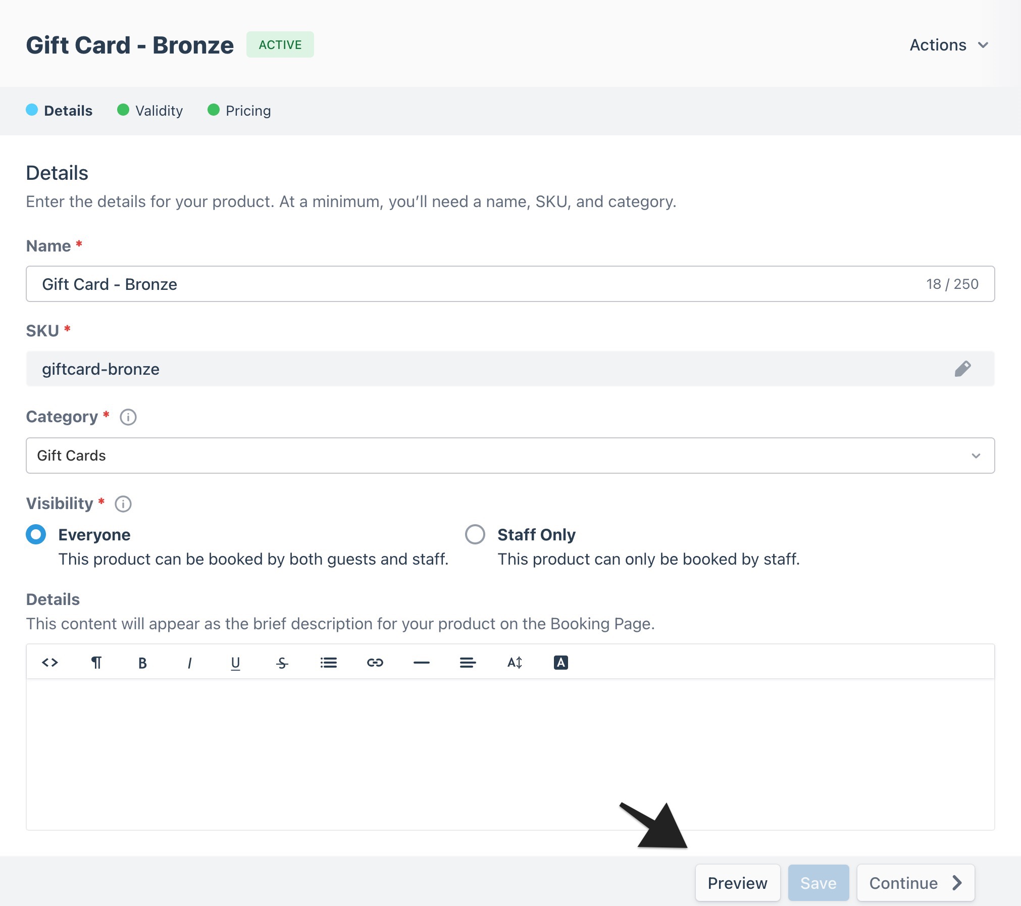Gift card builder screen with annotation highlighting the footer menu, helping users locate key actions such as Preview, Save, and Continue.