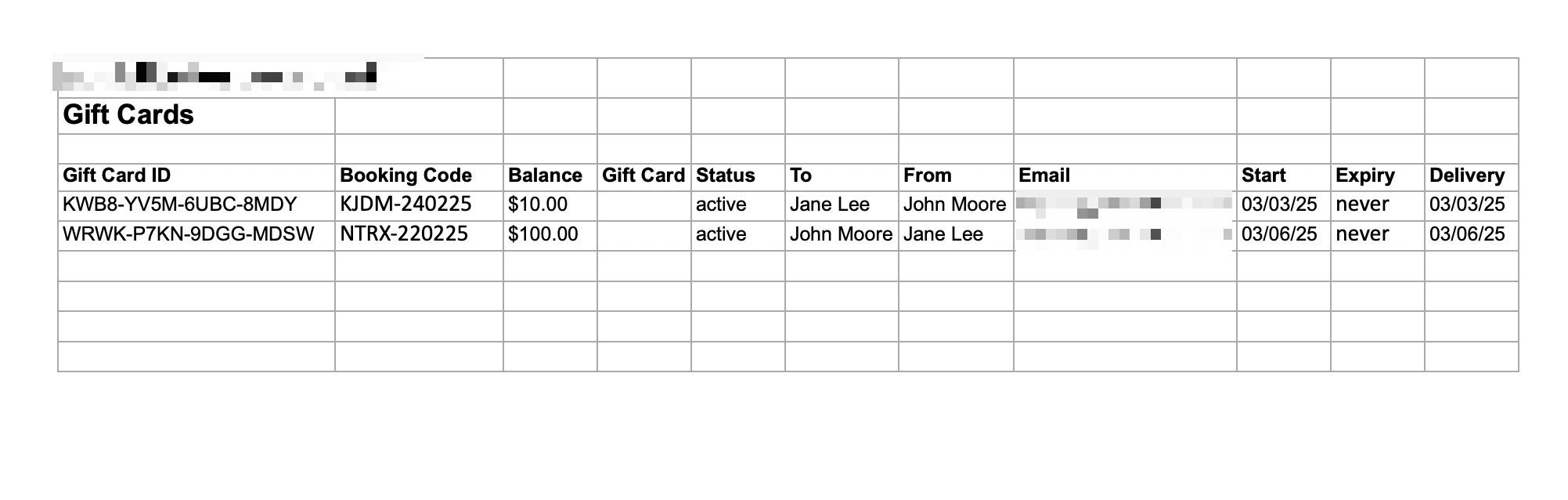 Gift cards issued export spreadsheet showing gift card details.