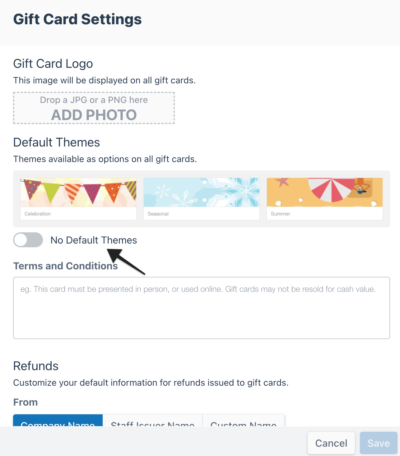 Gift card settings page with default theme options and toggle for No Default Themes highlighted