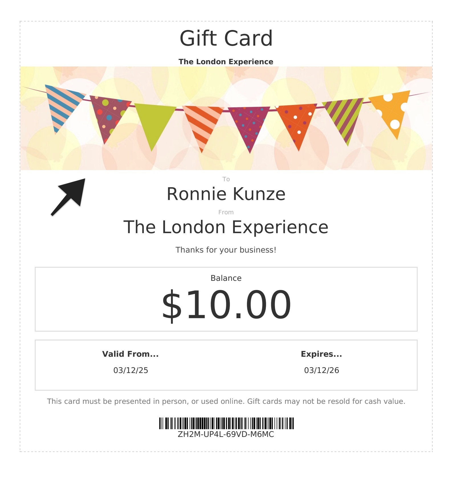 Gift card with a colorful banner theme displayed above recipient and sender details.