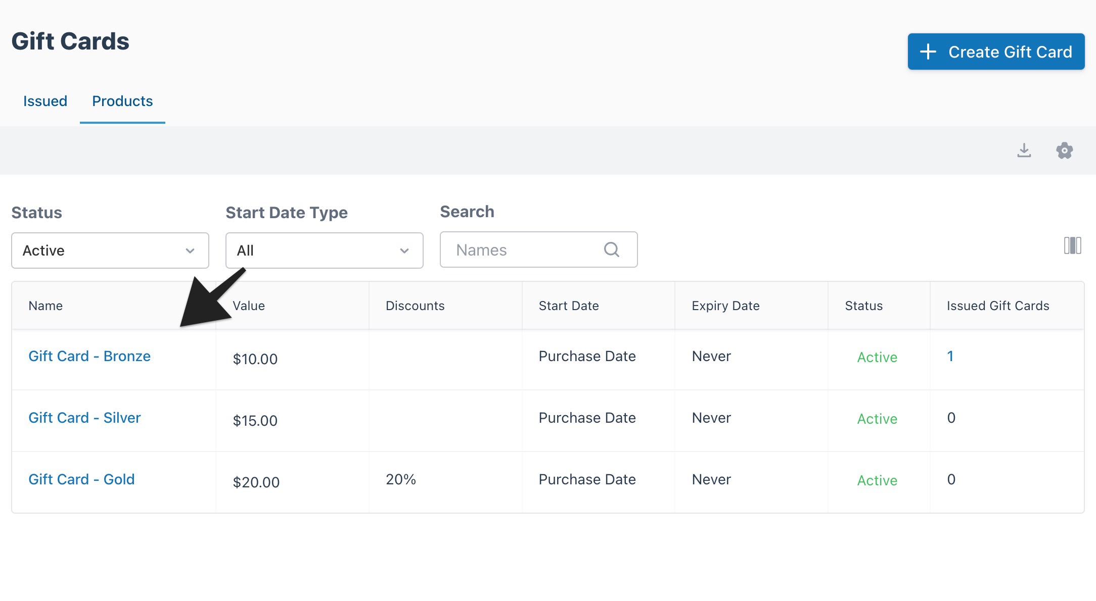 Gift Card Products list page with arrow pointing to the Bronze gift card product name.