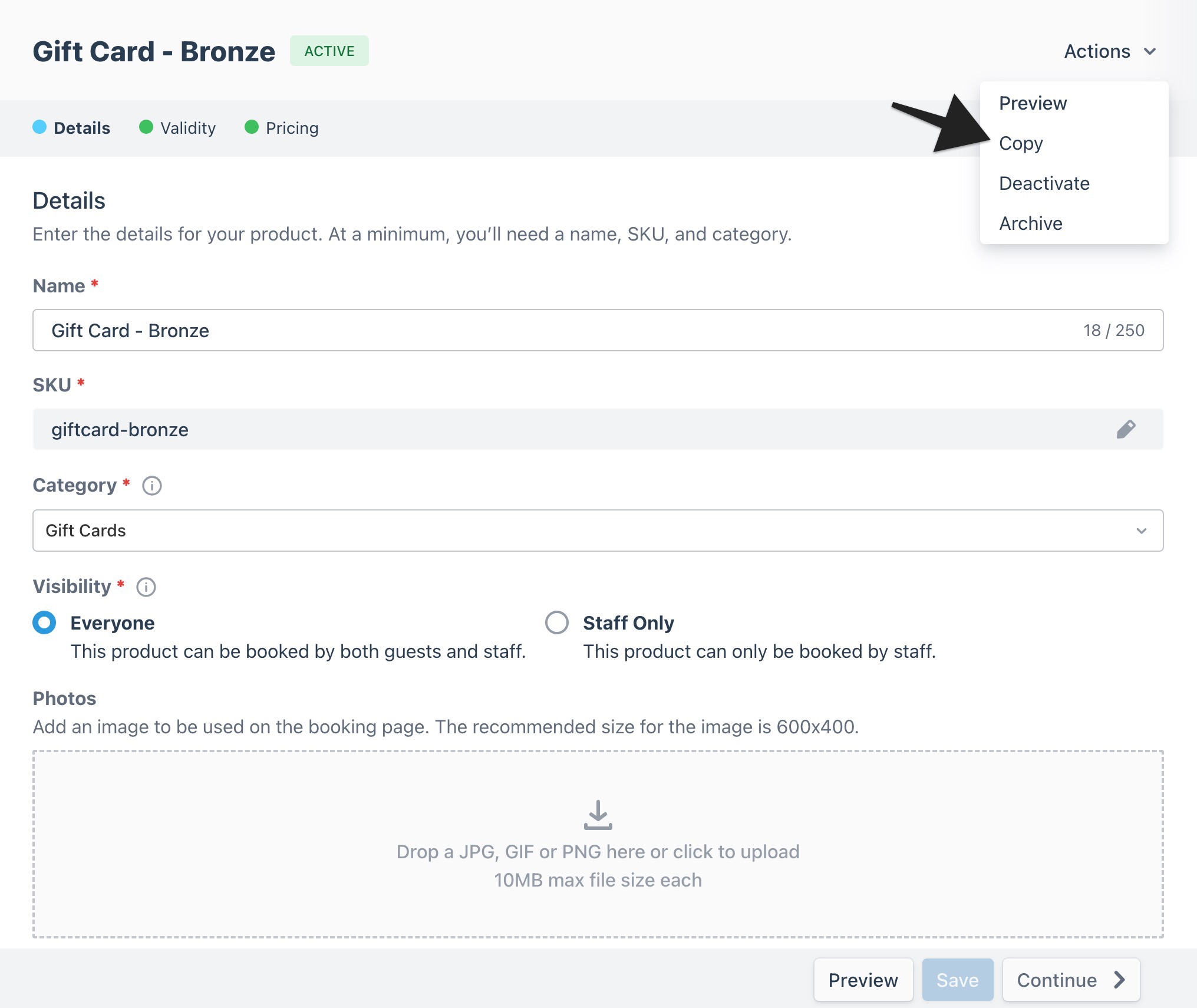 Gift Card – Bronze details page with arrow pointing to the Actions menu option “Copy.”