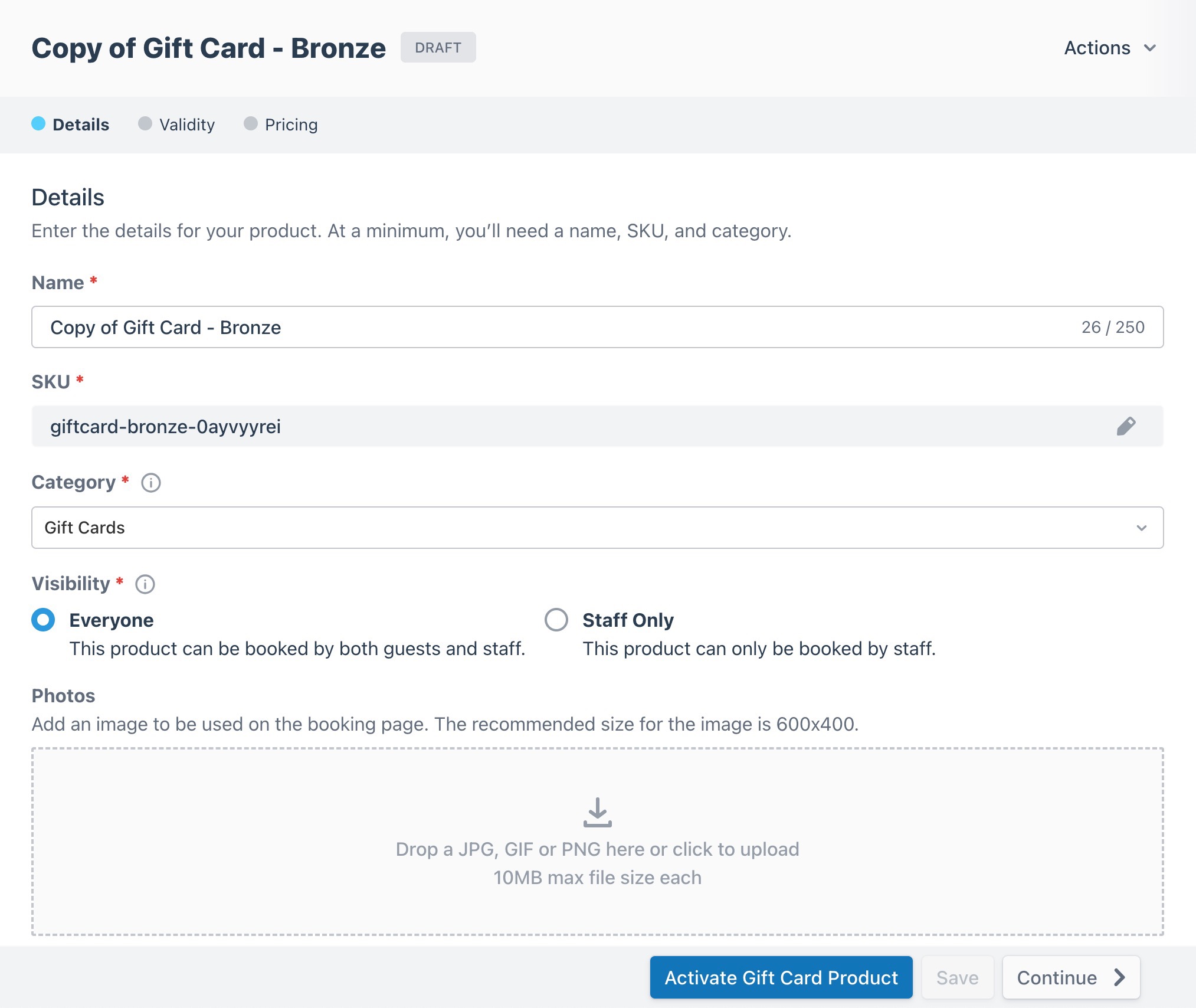 Draft copy of Gift Card – Bronze details page with the name “Copy of Gift Card – Bronze” and button to activate gift card product.