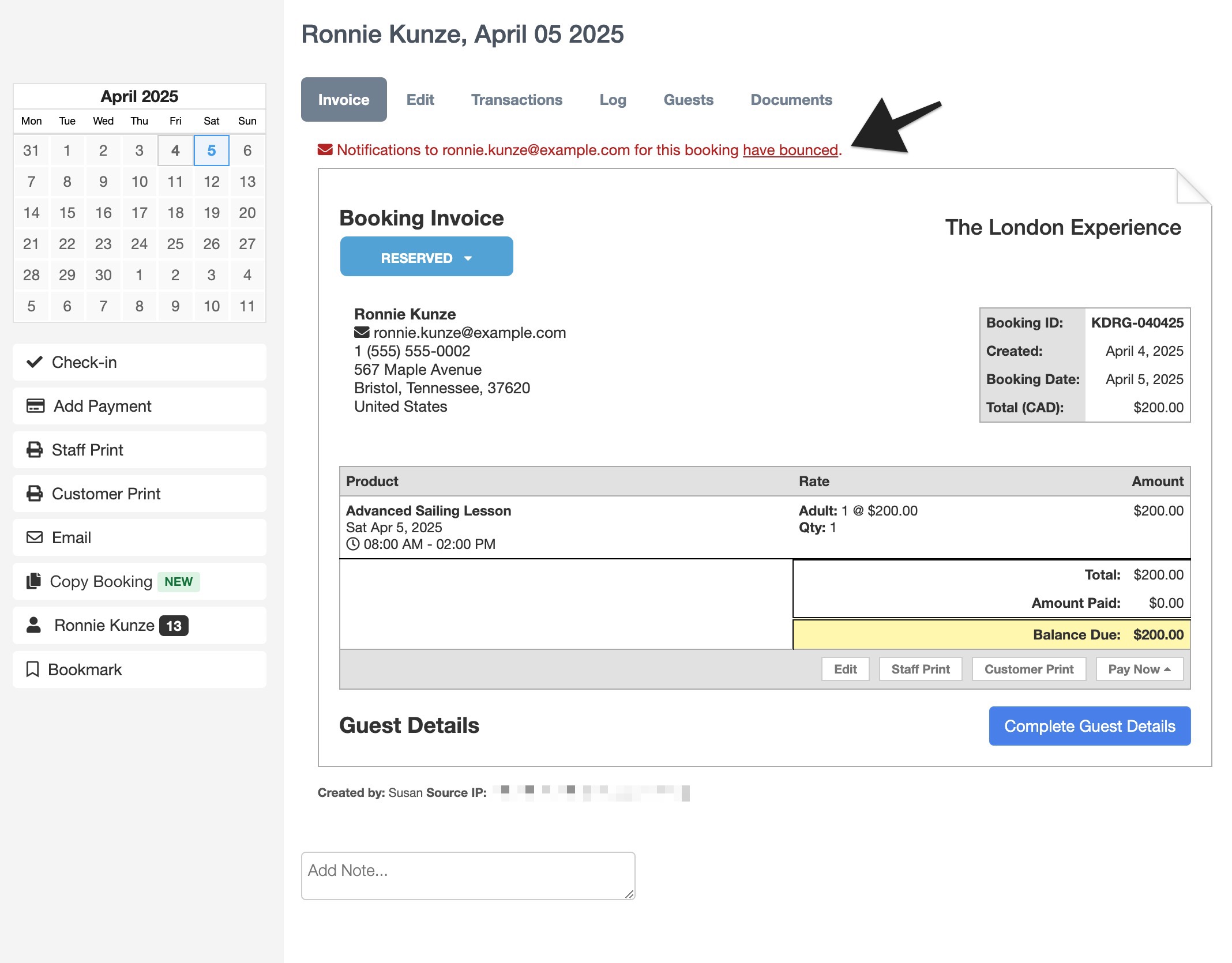 Booking invoice page showing red notification message at the top indicating that booking emails to the customer’s address have bounced.