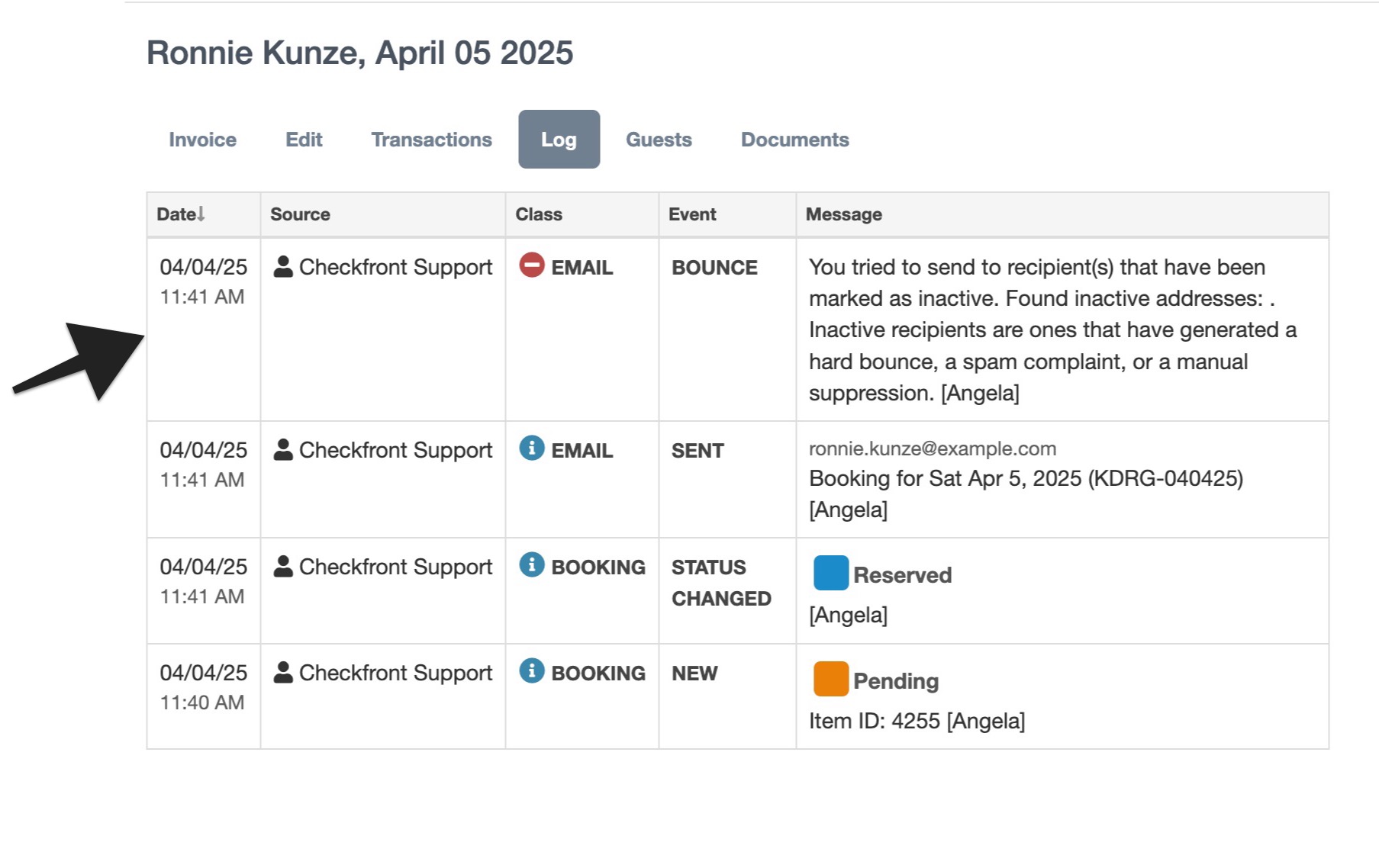 Booking log tab with arrow pointing to email bounce entry showing source, class, event, and detailed bounce message.