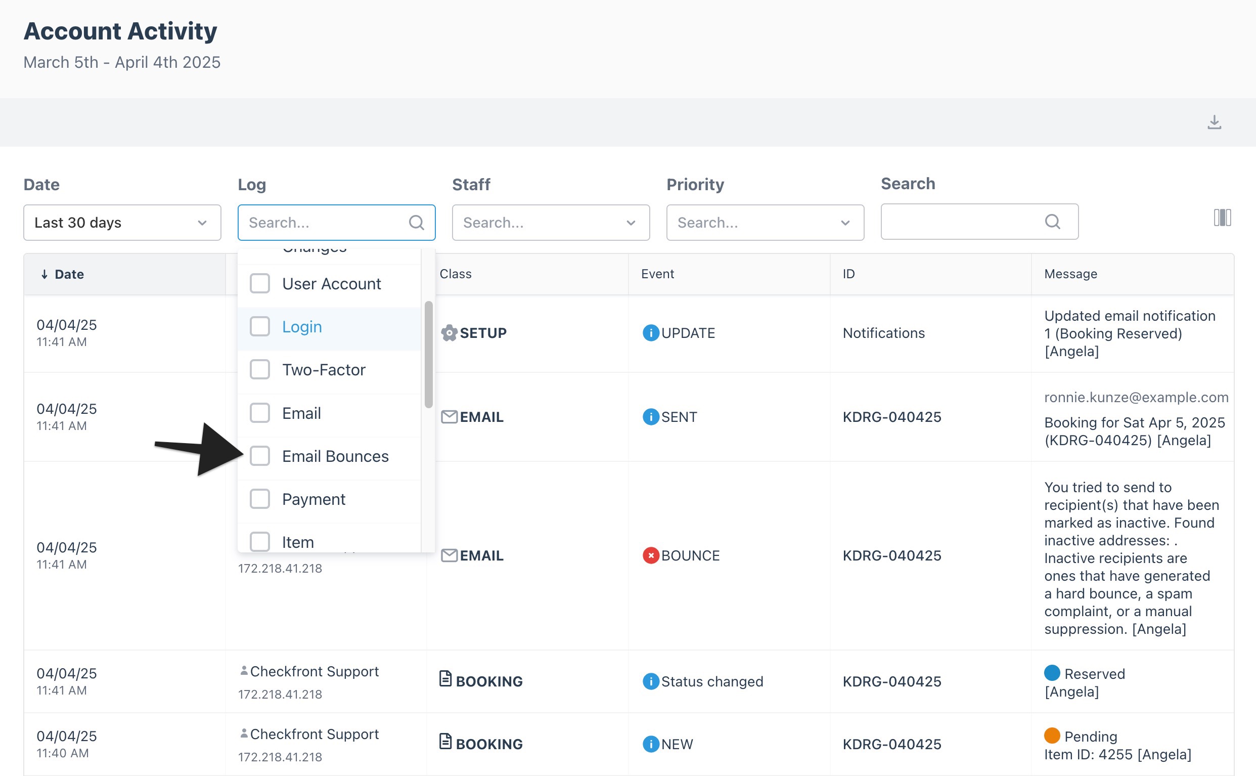 Account Activity log filter menu open with arrow pointing to 