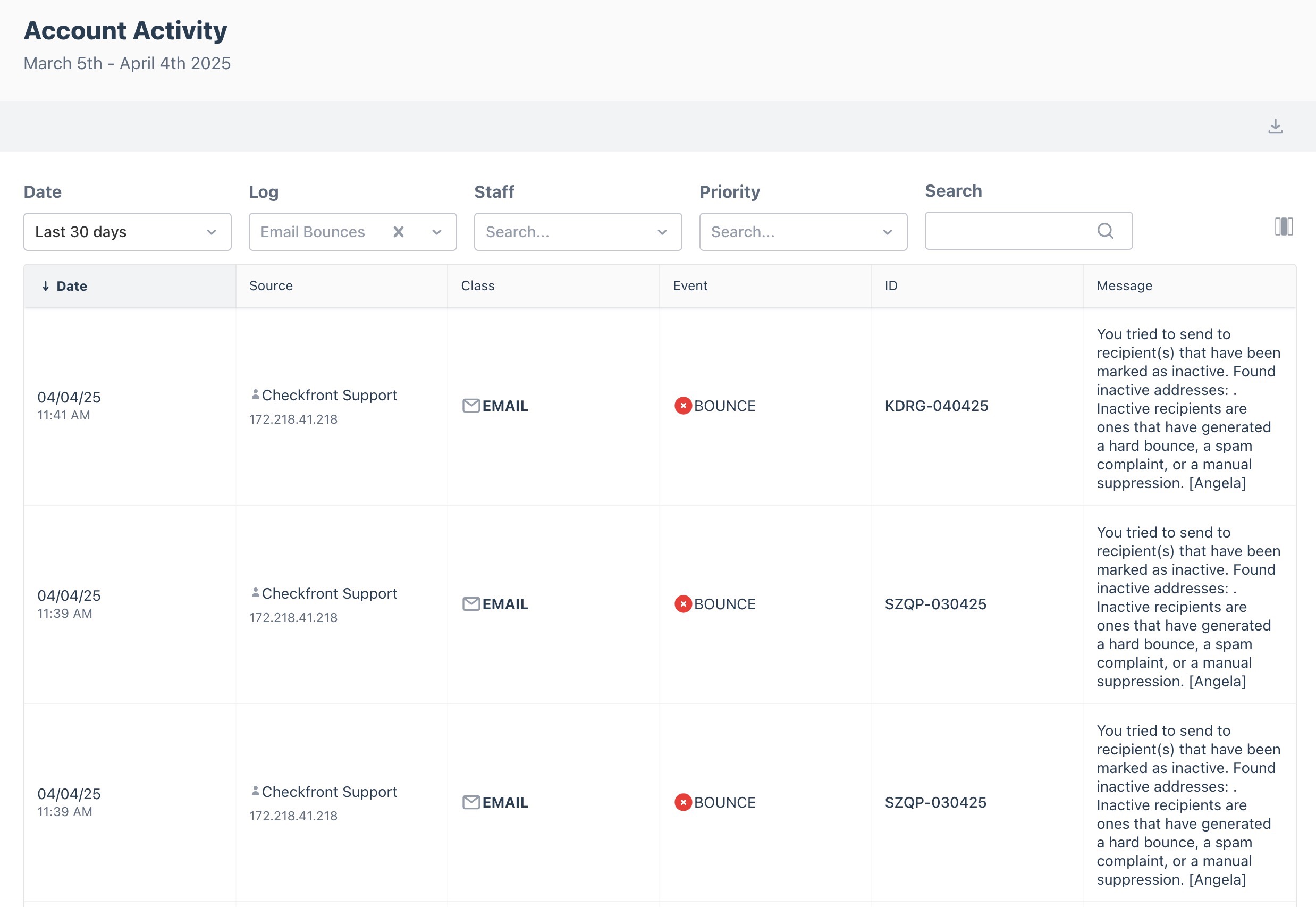 Account Activity report filtered to show email bounce entries, listing date, source, class, event, ID, and detailed bounce messages.