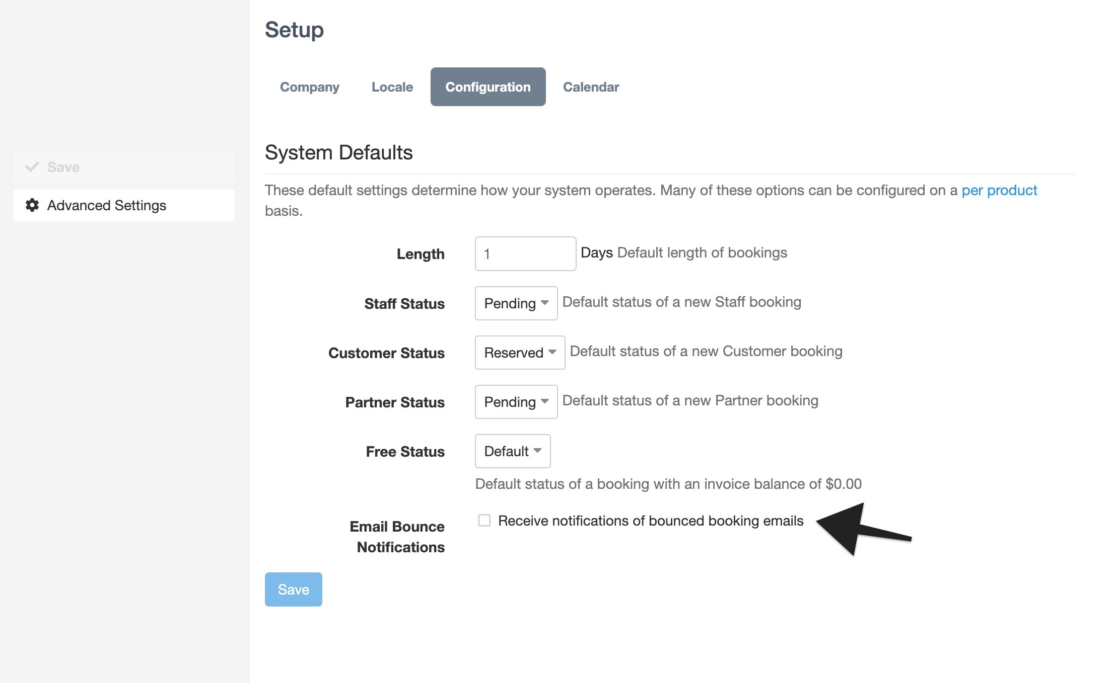 System Defaults configuration page with arrow pointing to the checkbox option for receiving notifications of bounced booking emails.