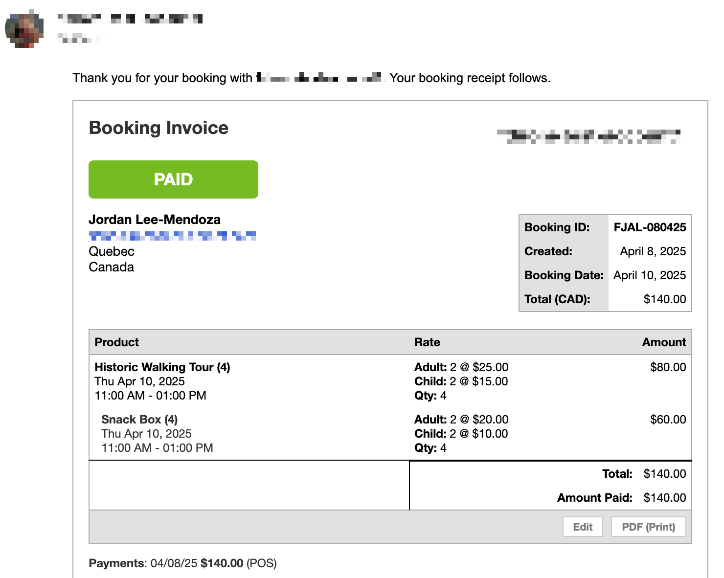 Email booking receipt showing invoice details with customer name, booking ID, created and booking date, total cost, and itemized charges for a walking tour and snack box.