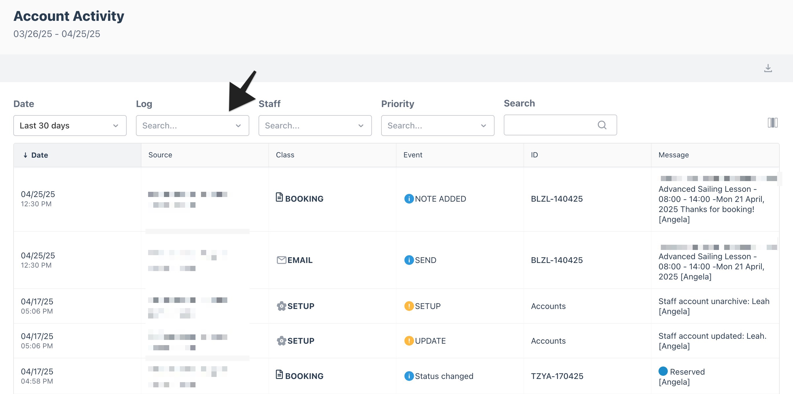 The account activity report area with an annotation highlighting the ‘Log’ dropdown menu.