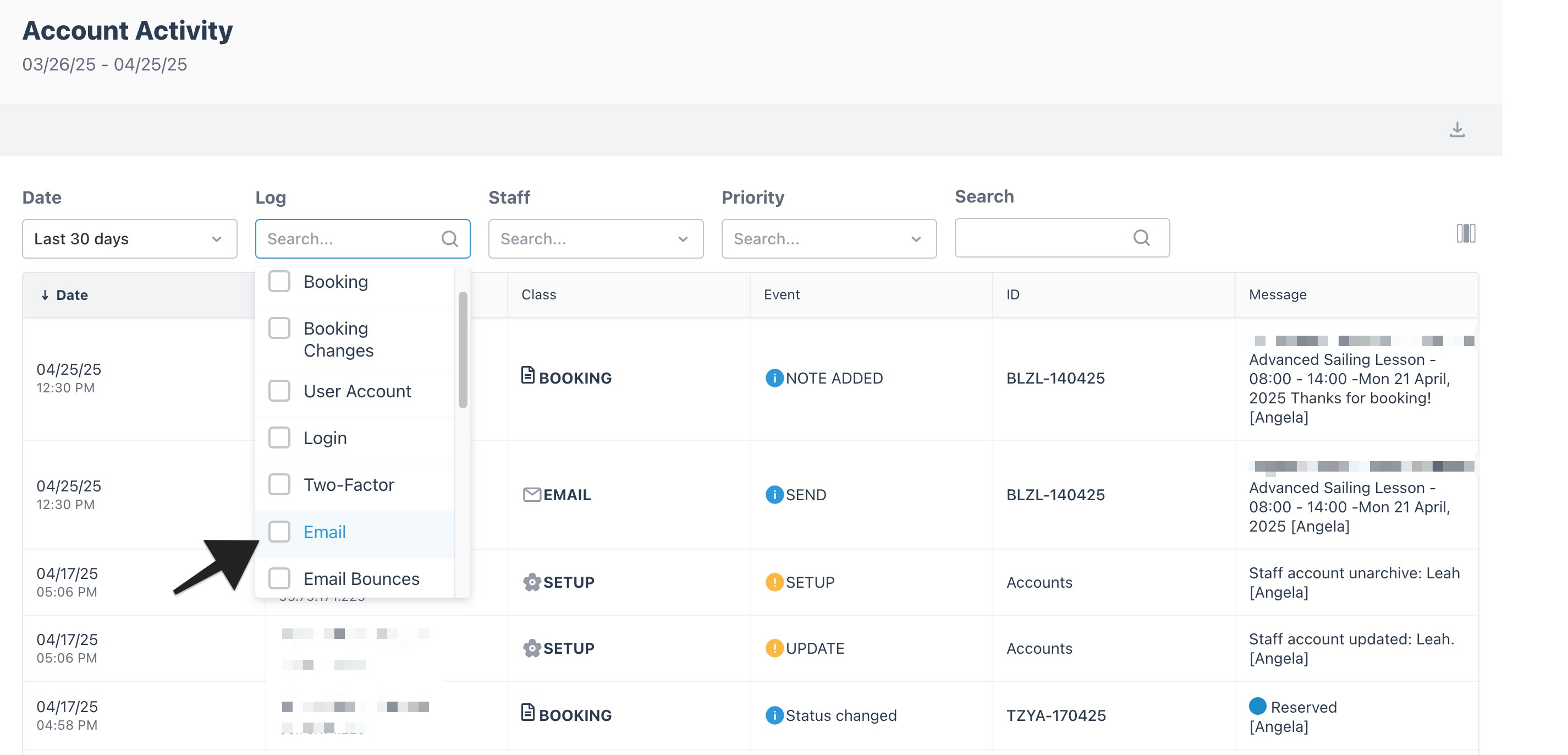The account activity report Log menu with an annotation highlighting the ‘Email’ option.