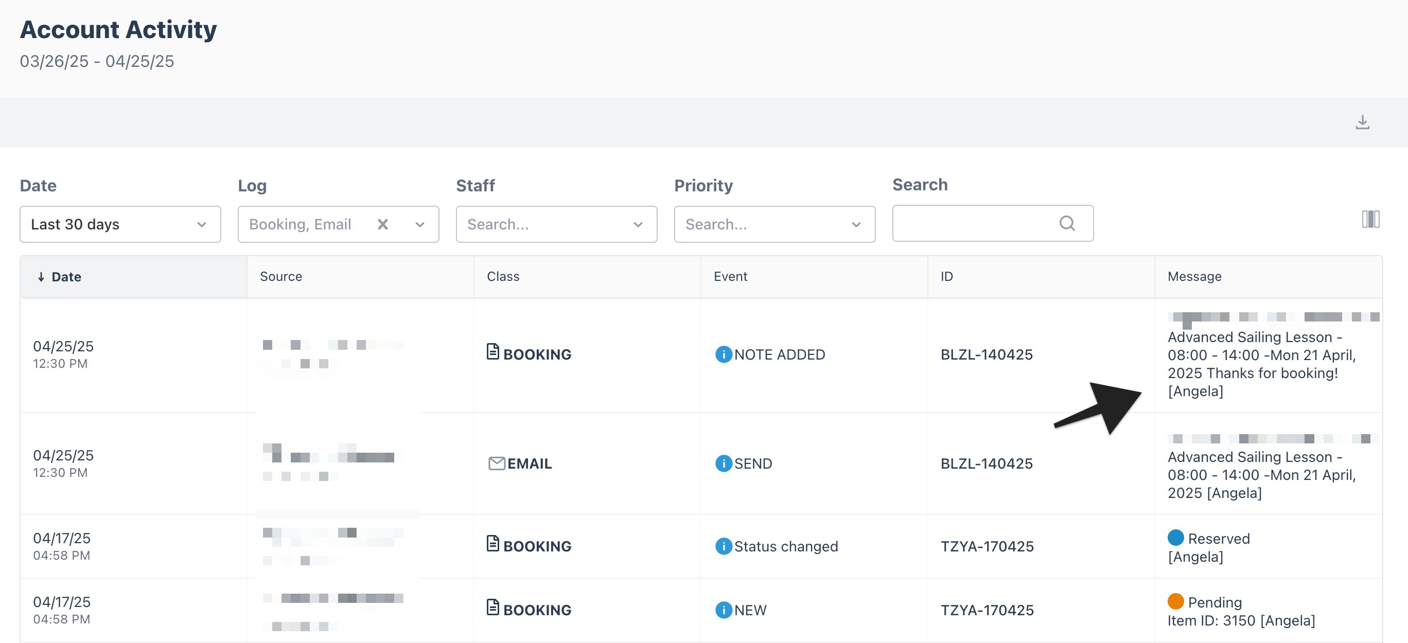 The account activity report area with an annotation highlighting a ‘Booking’ entry.