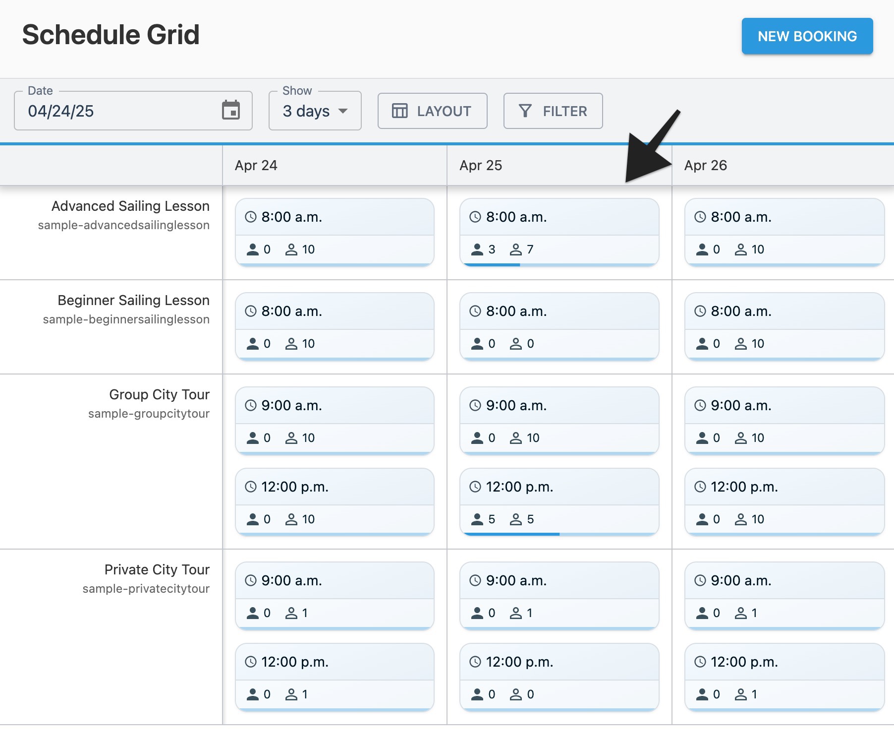 Schedule grid page with annotation highlighting choosing session tile with active bookings.