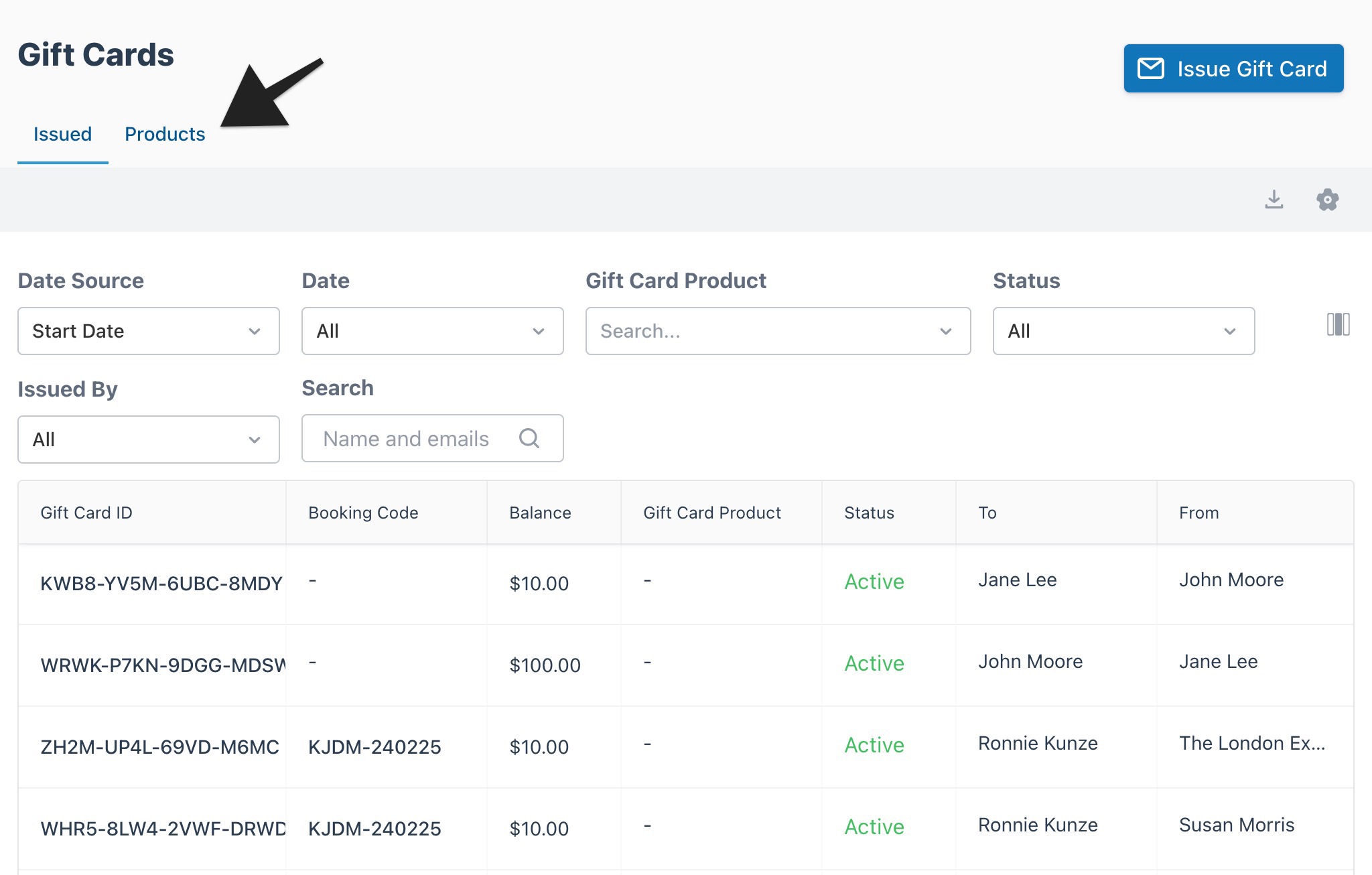Gift cards page with the Products tab highlighted, showing access to the list of created gift card products.