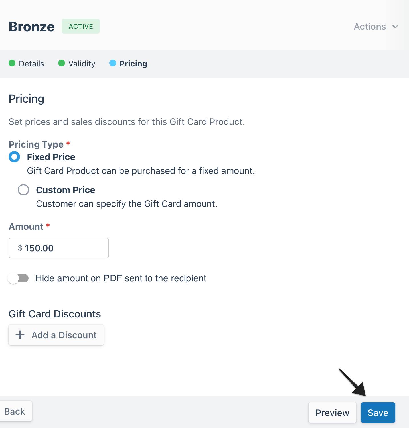 Gift card product pricing screen showing fixed price option selected with $150 amount entered and the Save button highlighted.