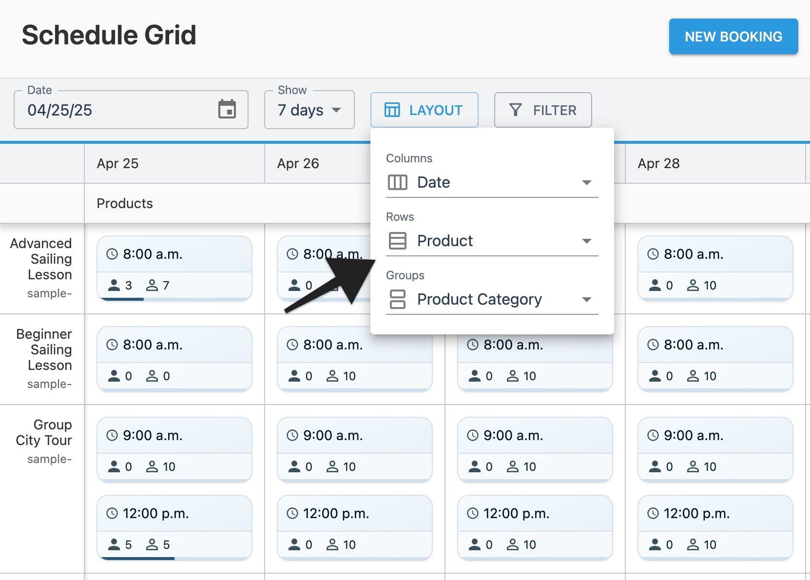 Schedule grid layout window with annotation highlighting ‘Rows’ option.