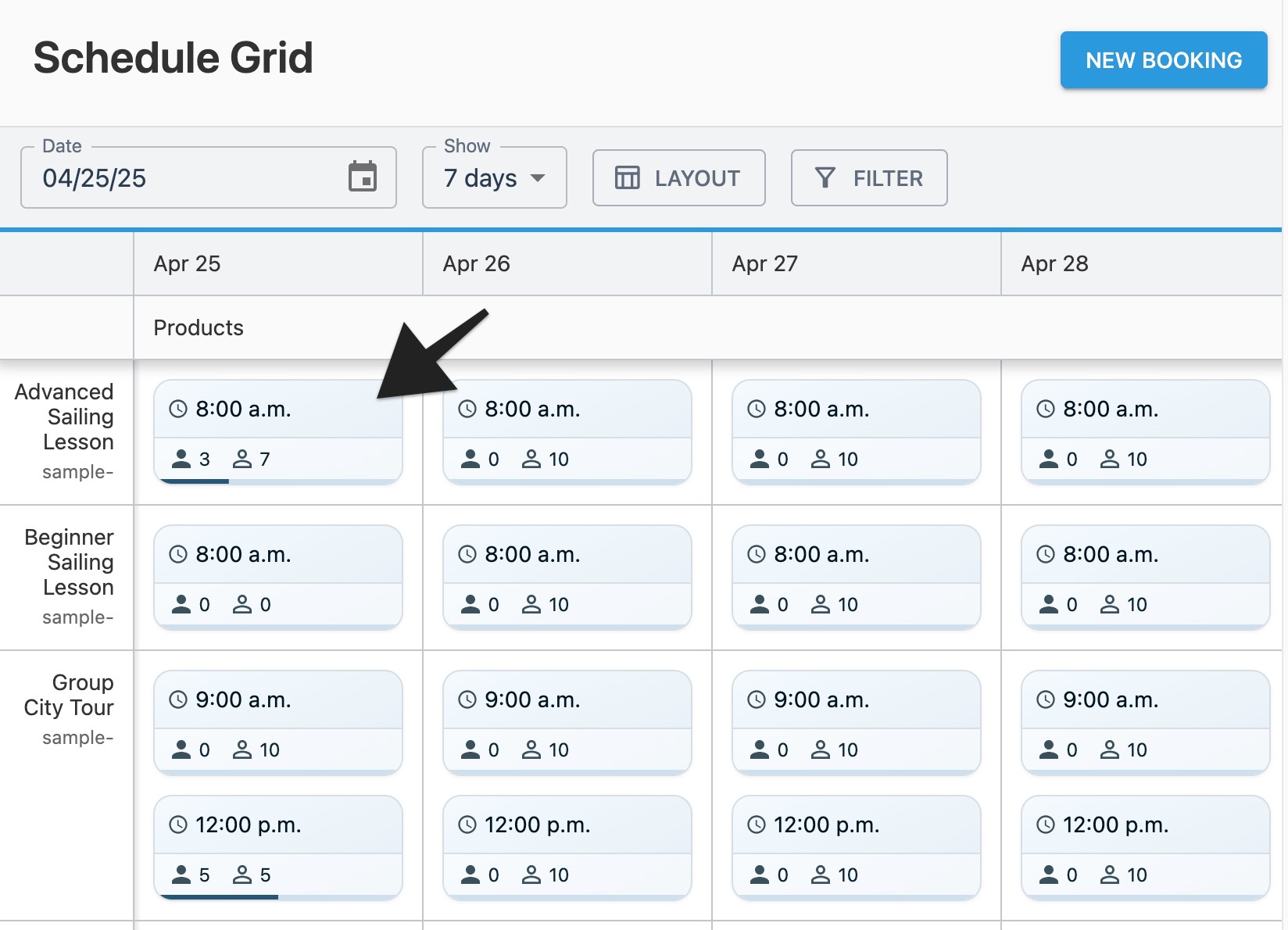 Schedule grid page with annotation highlighting choosing session tile with active bookings.