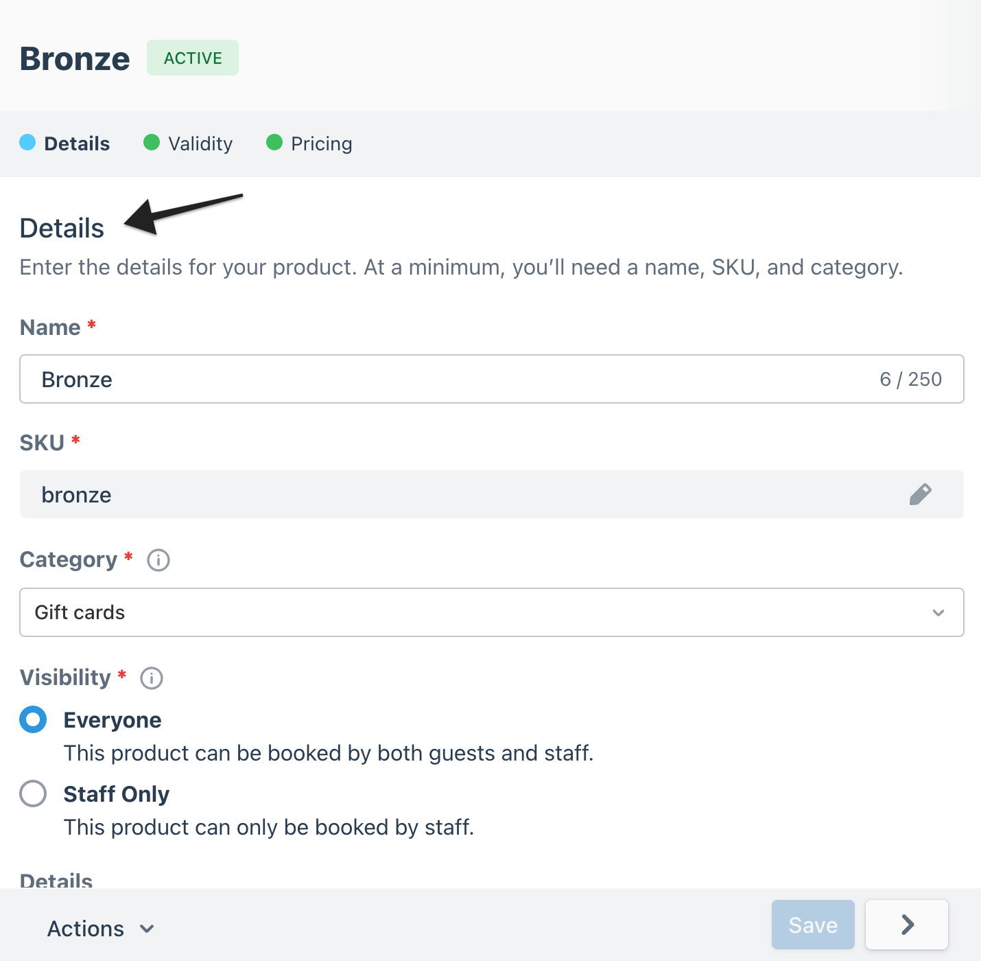 Gift card builder details page with arrow highlighting the details settings section