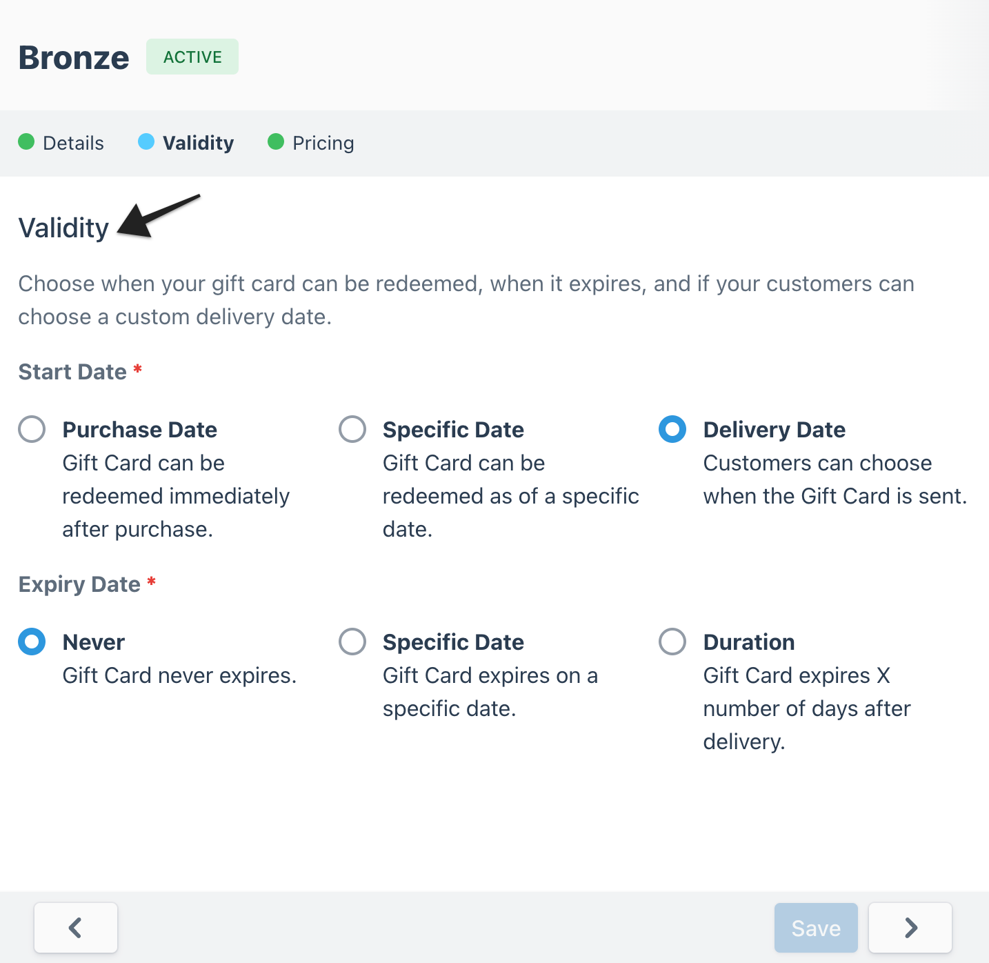 Gift card builder details page with arrow highlighting the details settings section