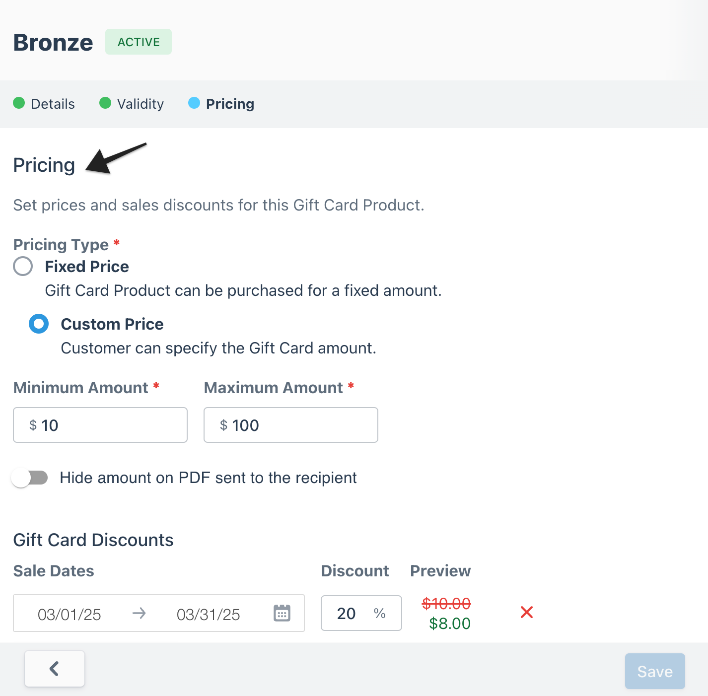 Gift card builder details page with arrow highlighting the pricing settings section
