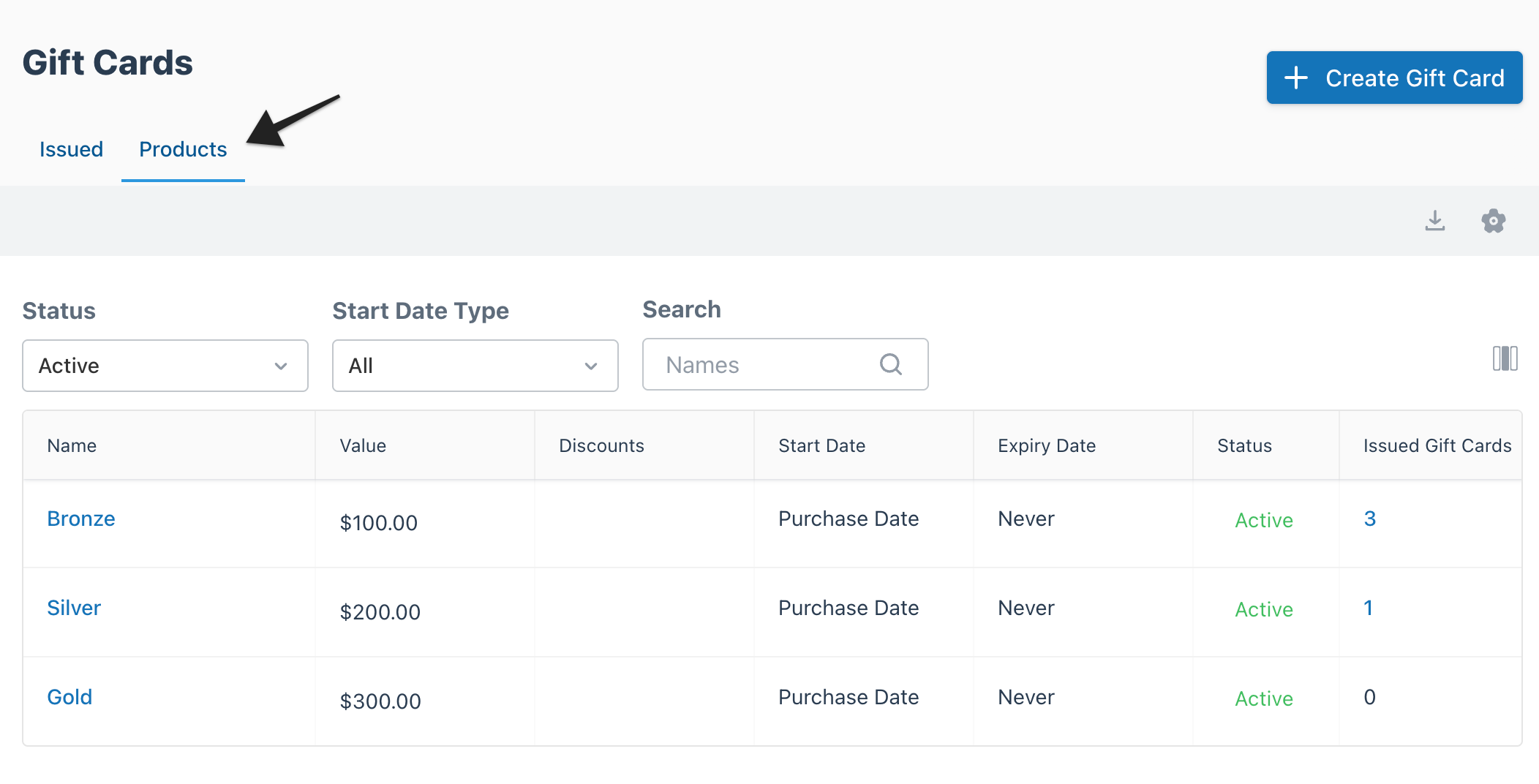 Gift card builder details page with annotation highlighting the photo settings option.