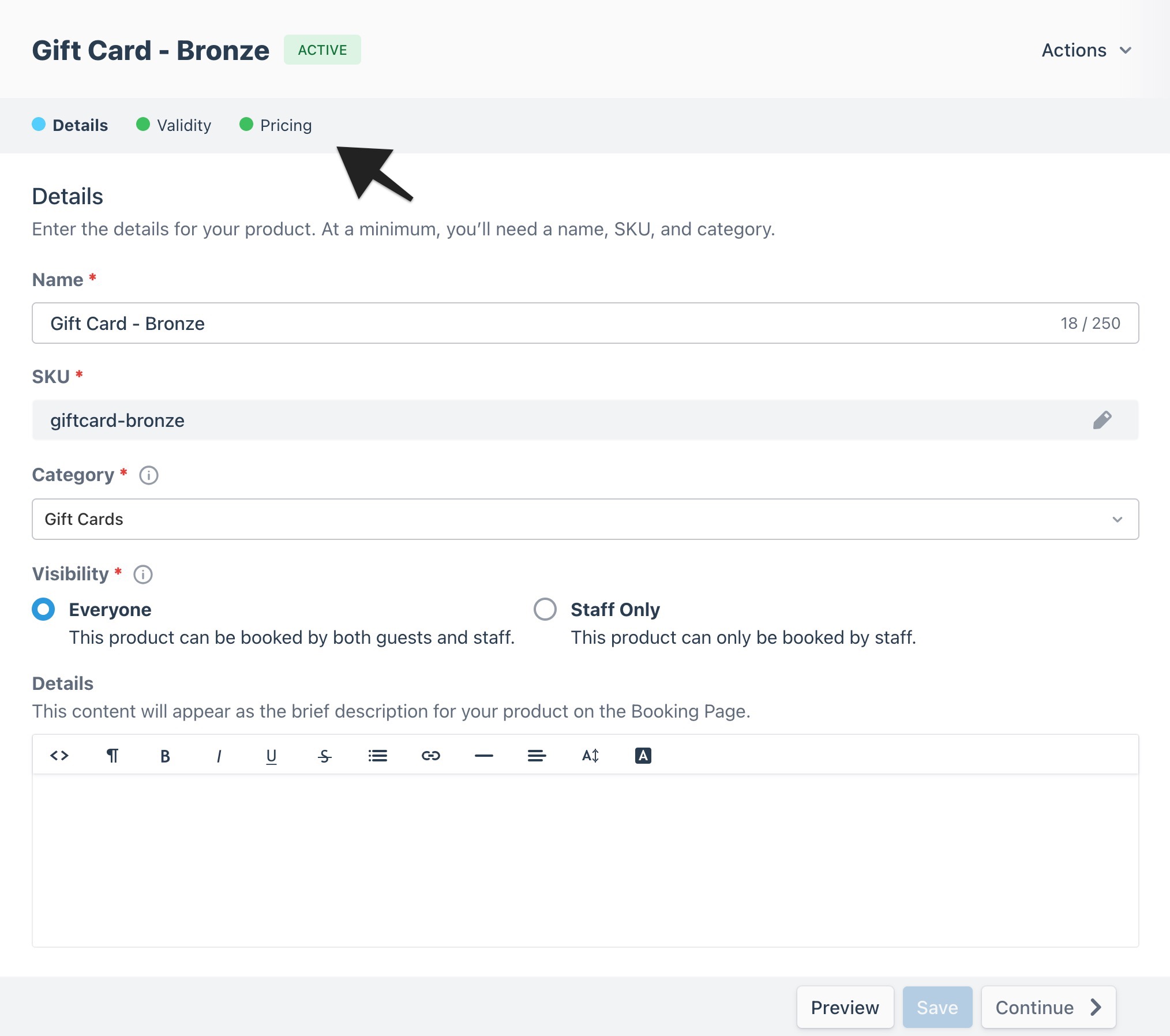 Gift card builder details page with arrow pointing to breadcrumb navigation for moving back and forward between steps