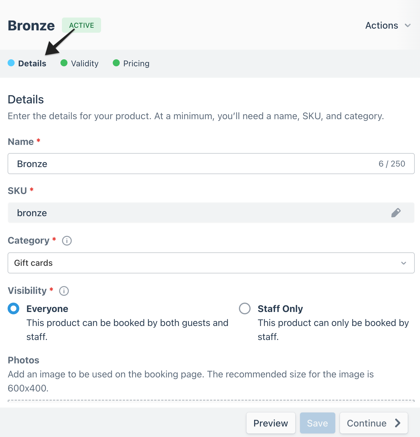 Gift cards page with arrow highlighting the ‘Details’ tab