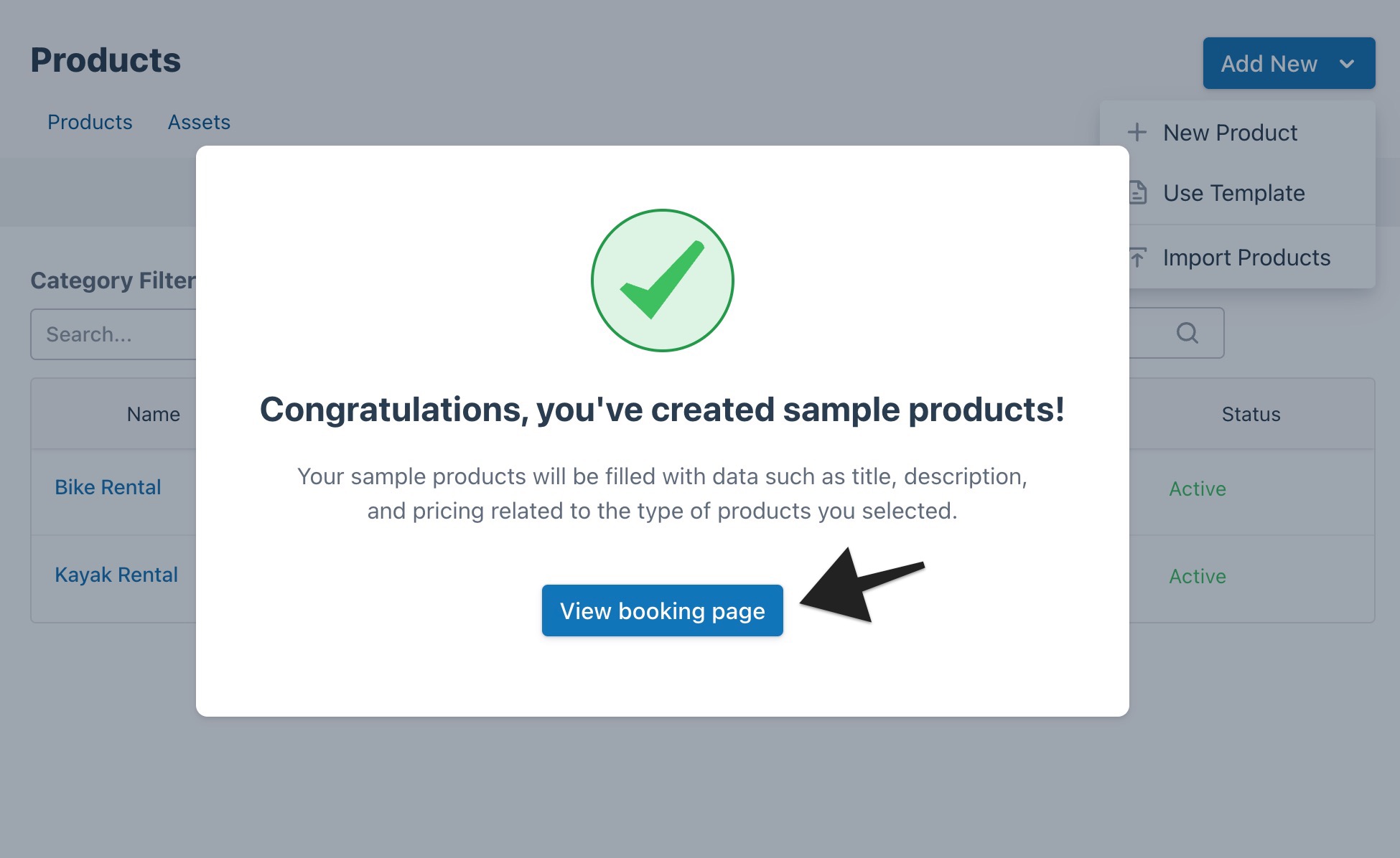 Confirmation window displaying message “Congratulations, you’ve created sample products!” with arrow pointing to “View booking page” button.