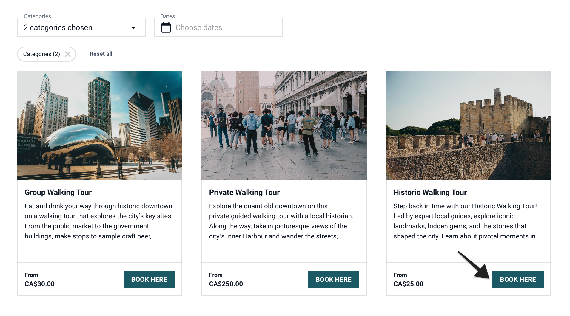Hosted booking site category page with ‘Book Here’ button highlighted to start booking.