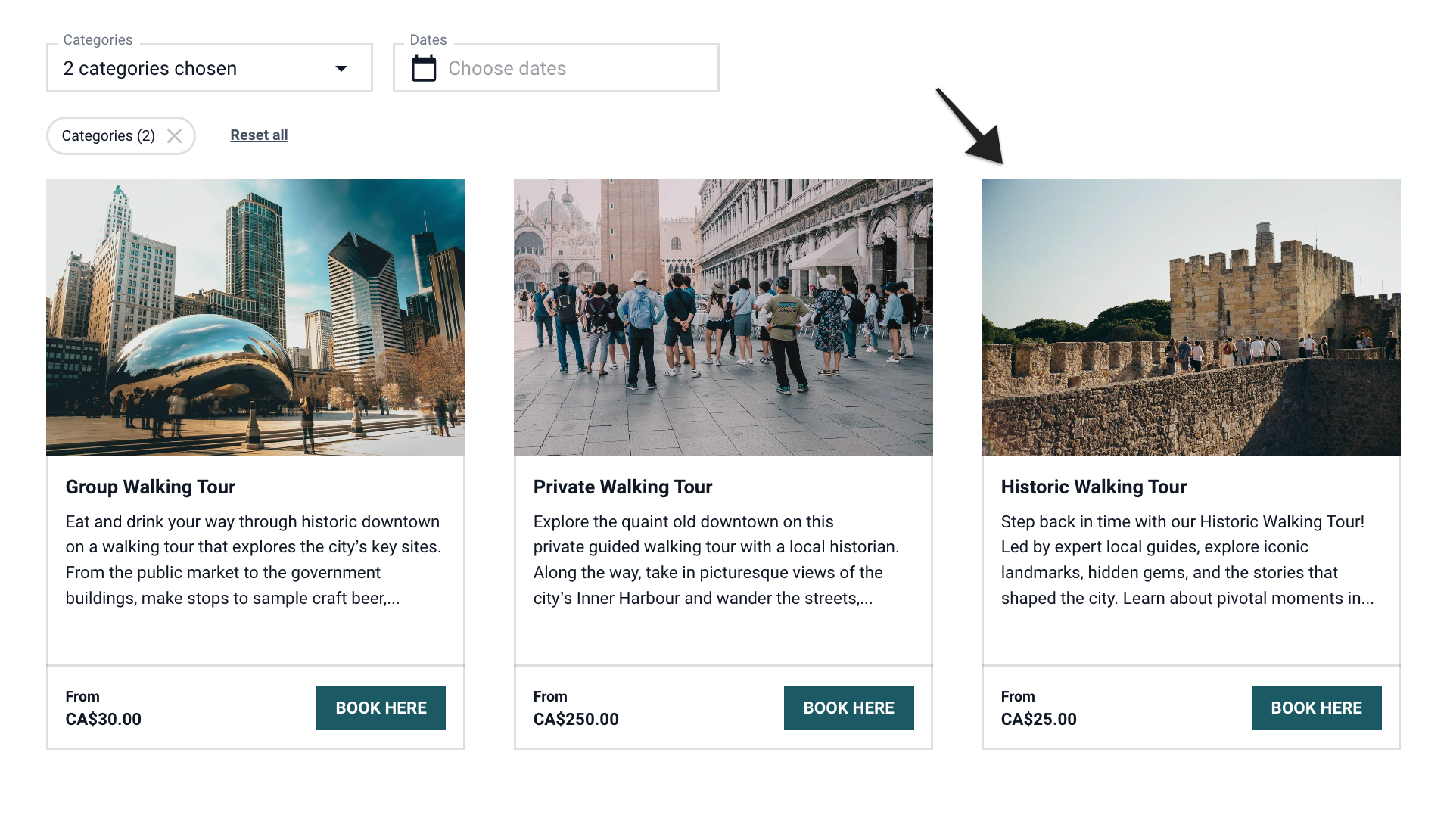 Hosted booking site category page with featured tour highlighted to begin booking process.