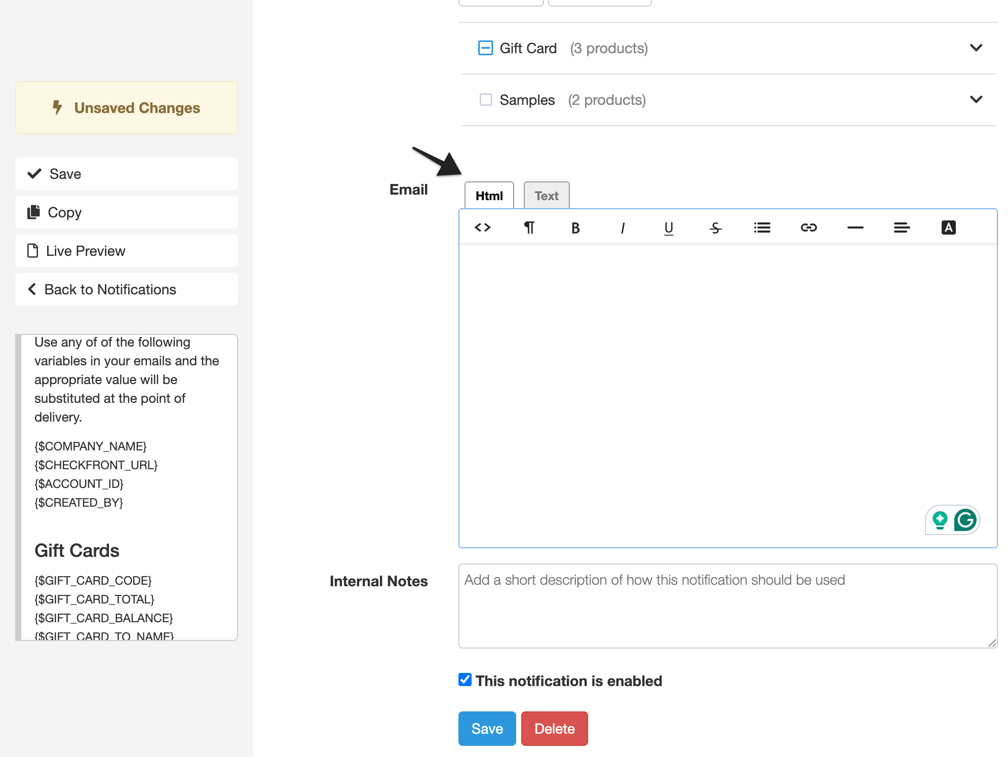 Notification editor with email section open, showing empty HTML editor and email variables for gift cards on the left panel.