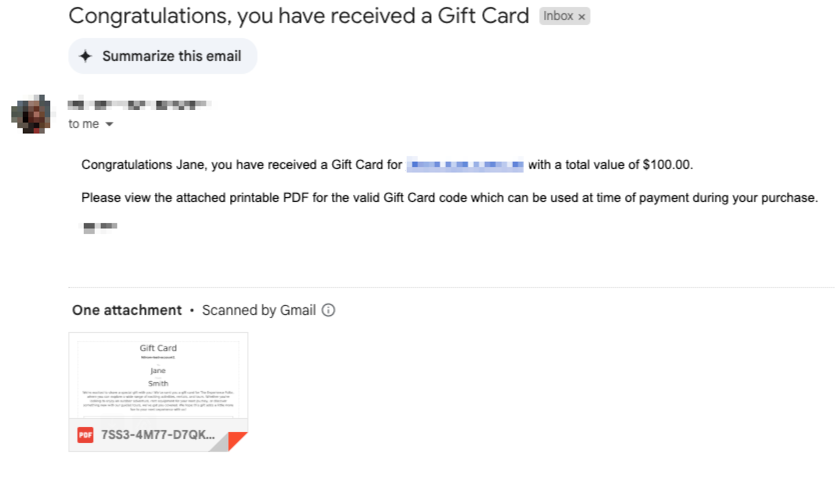 Email inbox showing gift card email notification with subject “Congratulations, you have received a Gift Card” and attached PDF.